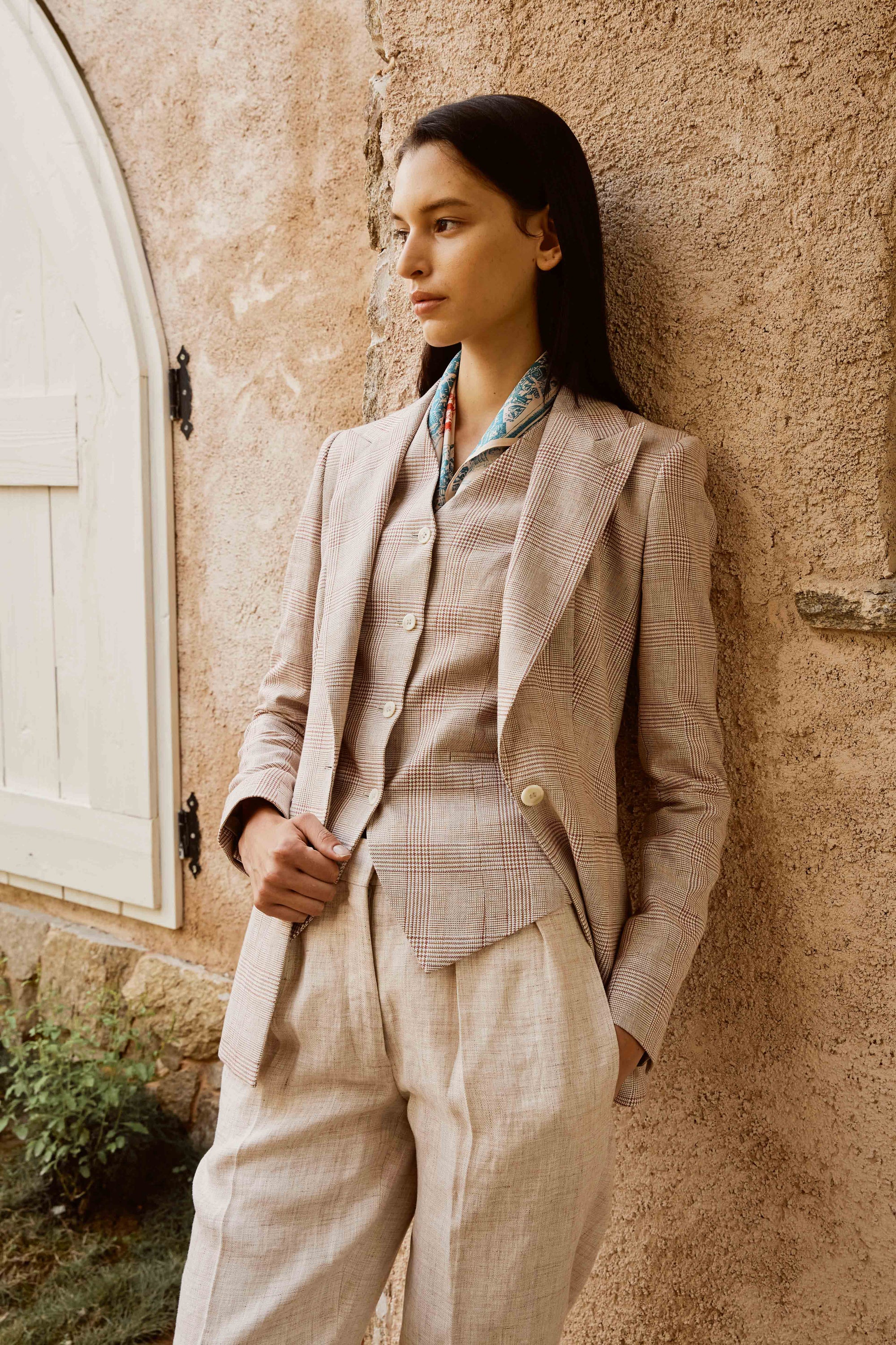 Beige and Red Combination Suit Set with Vest