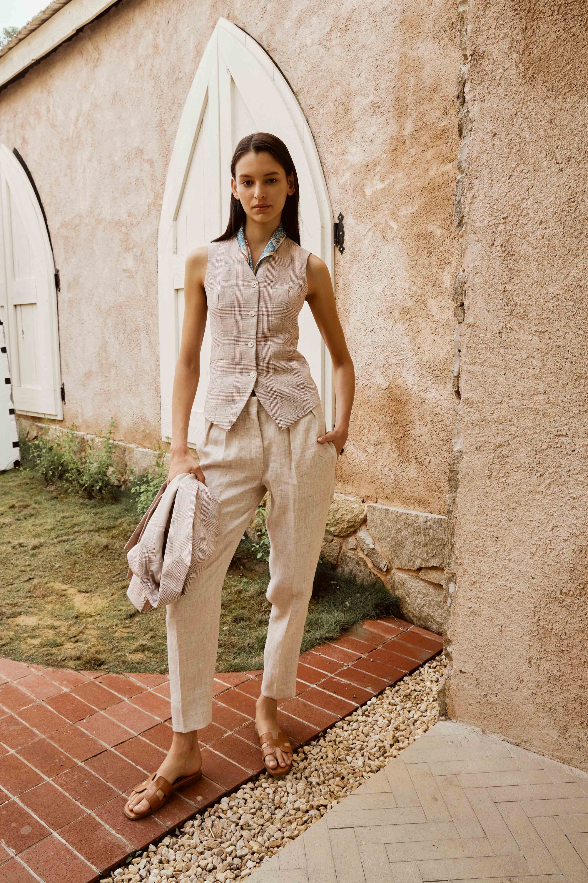 Beige and Red Combination Suit Set with Vest