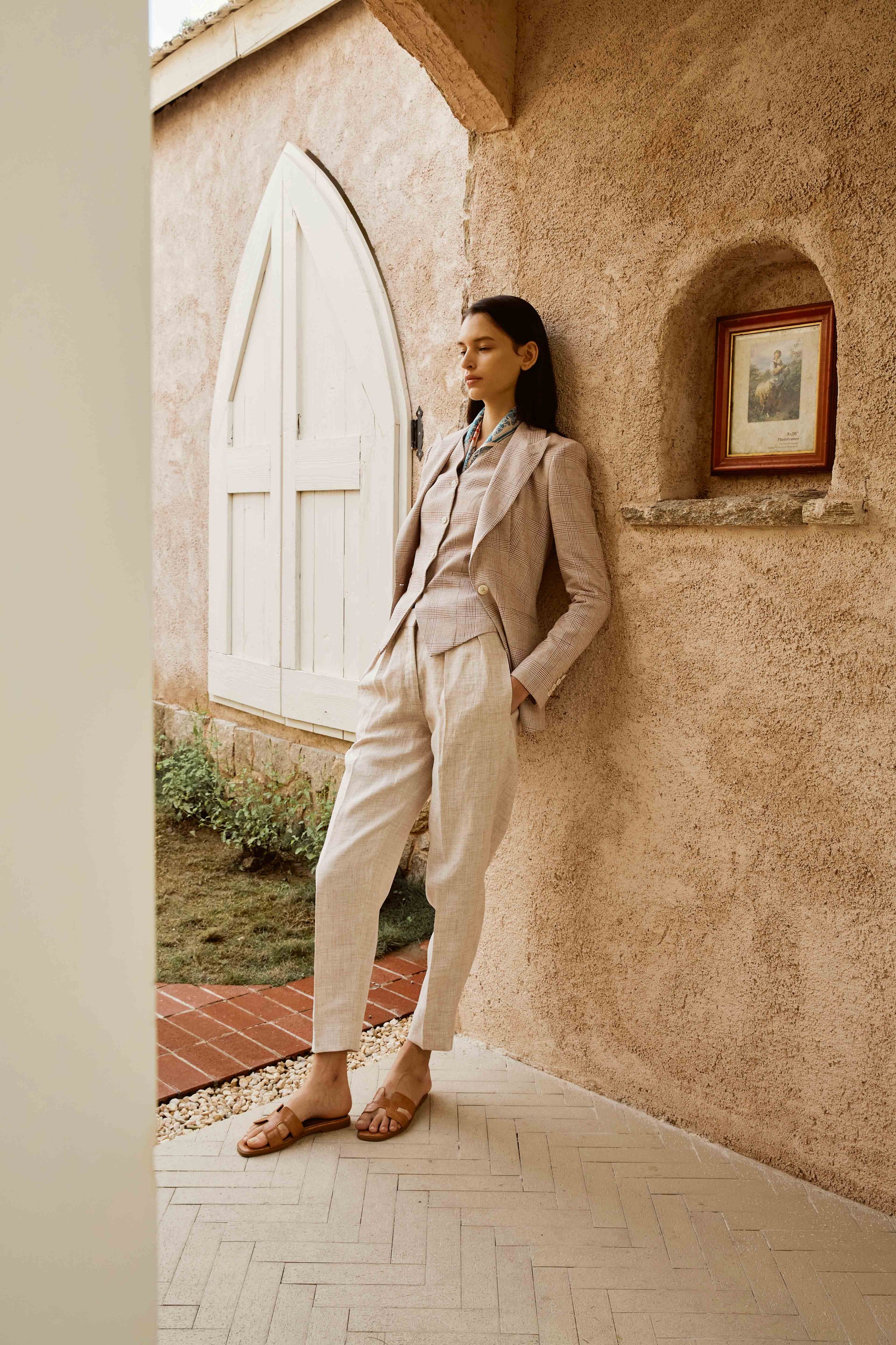 Beige and Red Combination Suit Set with Vest