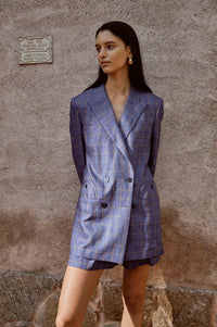 Blue- Yellow Lines Double-Breasted Suit with Shorts