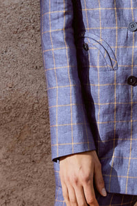 Blue- Yellow Lines Double-Breasted Suit with Shorts
