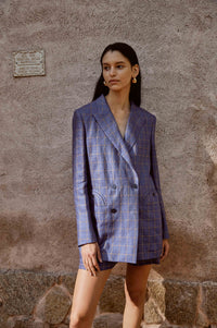 Blue- Yellow Lines Double-Breasted Suit with Shorts