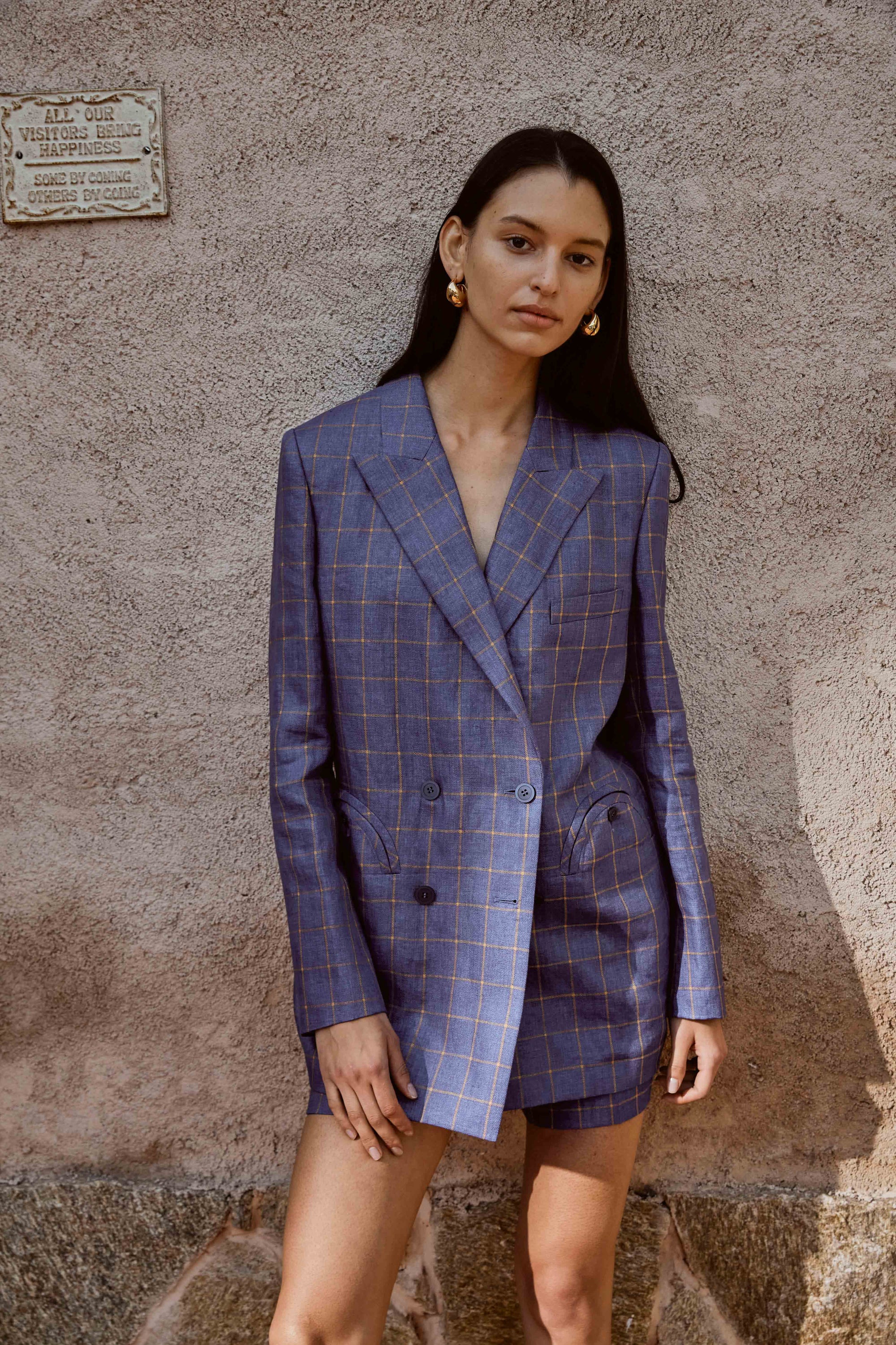 Blue- Yellow Lines Double-Breasted Suit with Shorts