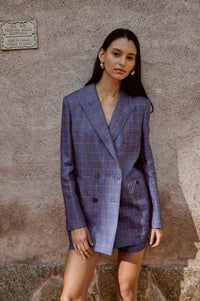 Blue- Yellow Lines Double-Breasted Suit with Shorts