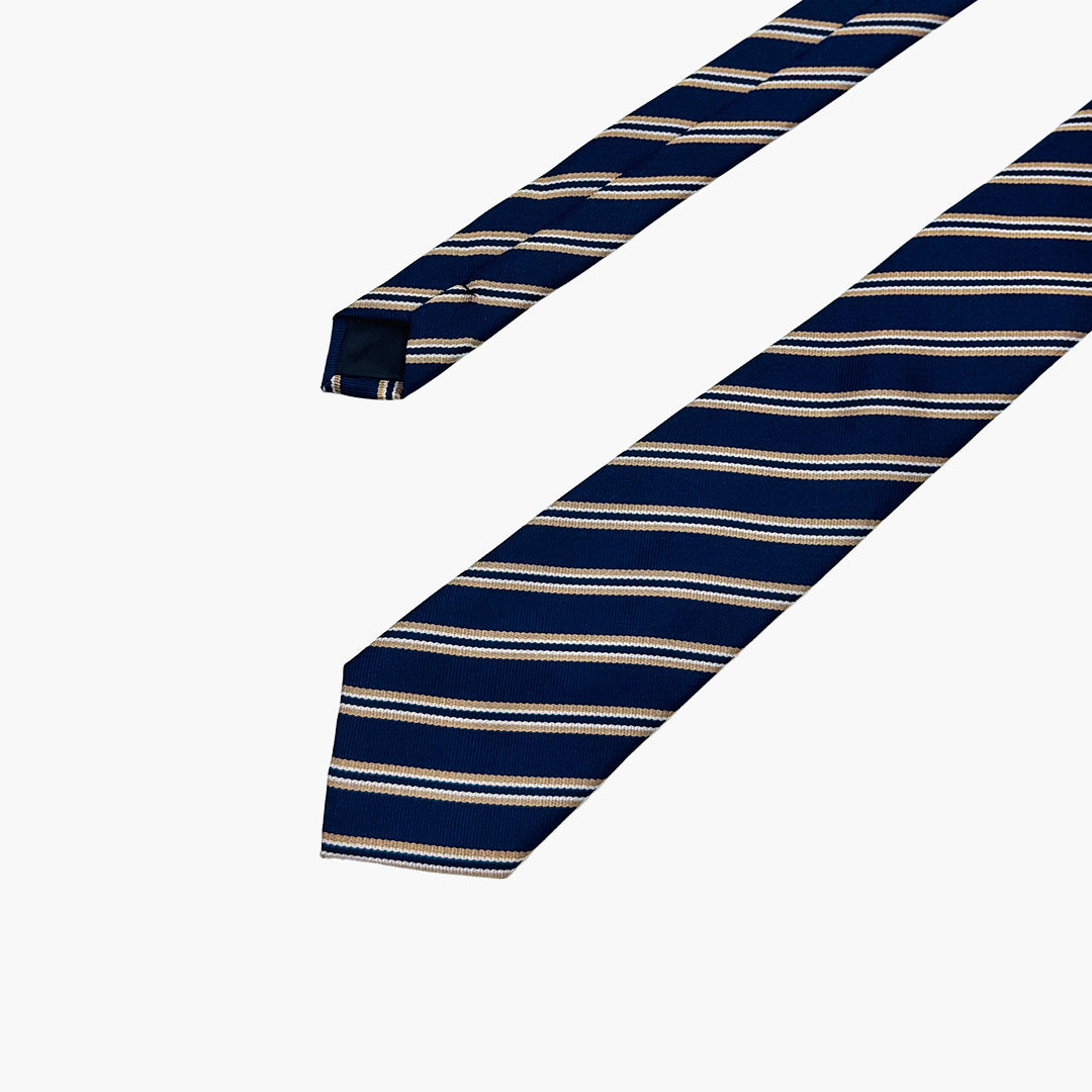 Blue Tie with Cream & White Stripes