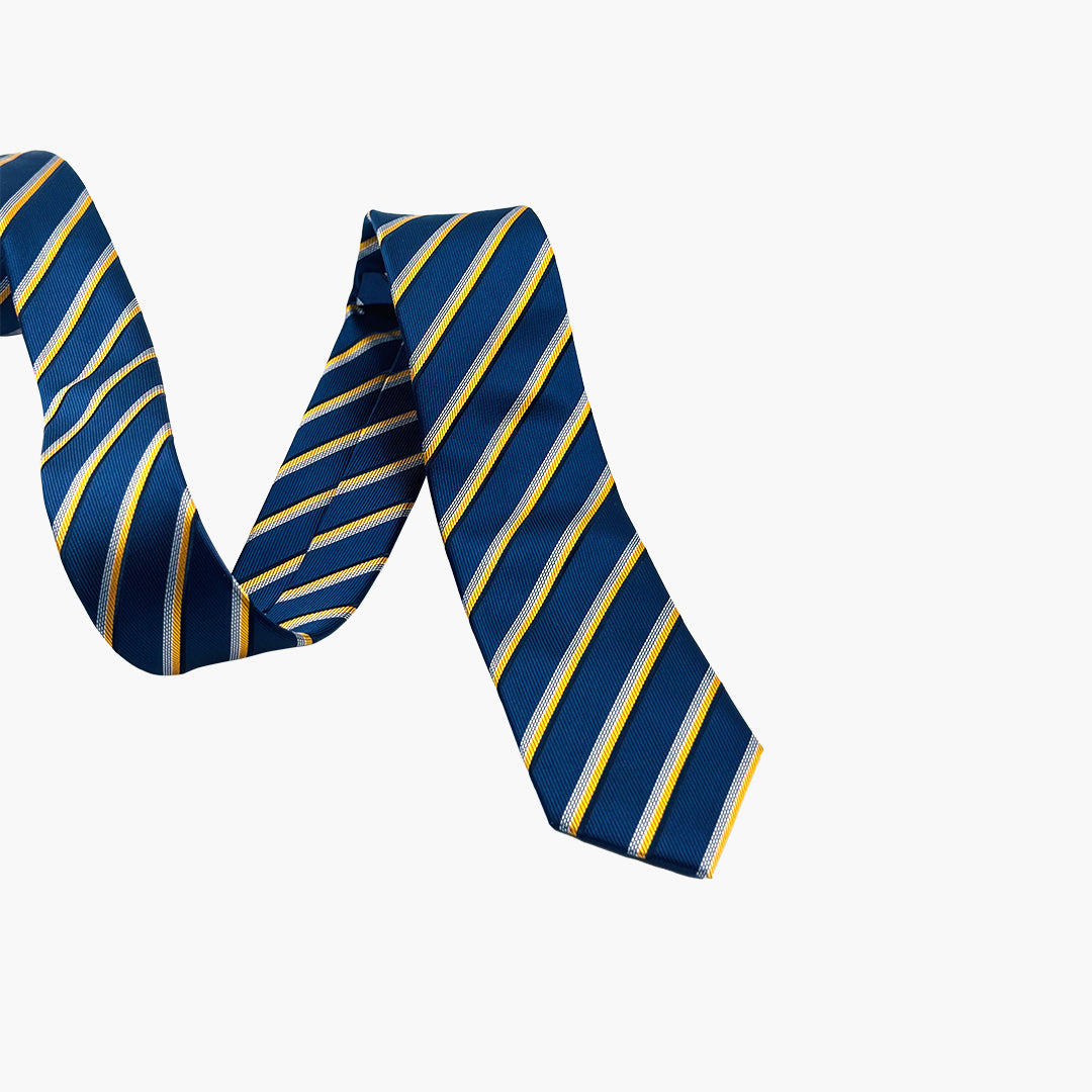 Blue Tie with Yellow, Black & Silver Stripes