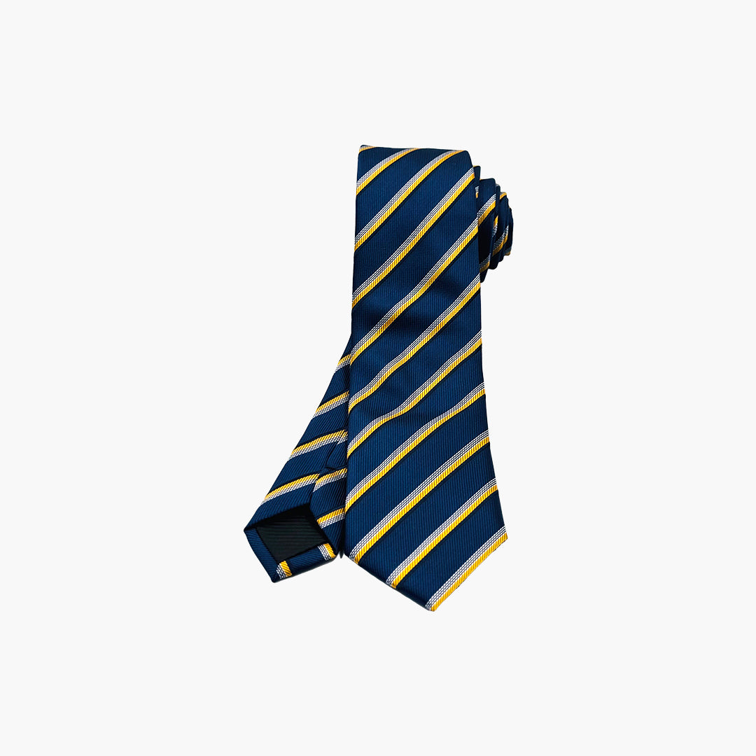 Blue Tie with Yellow, Black & Silver Stripes