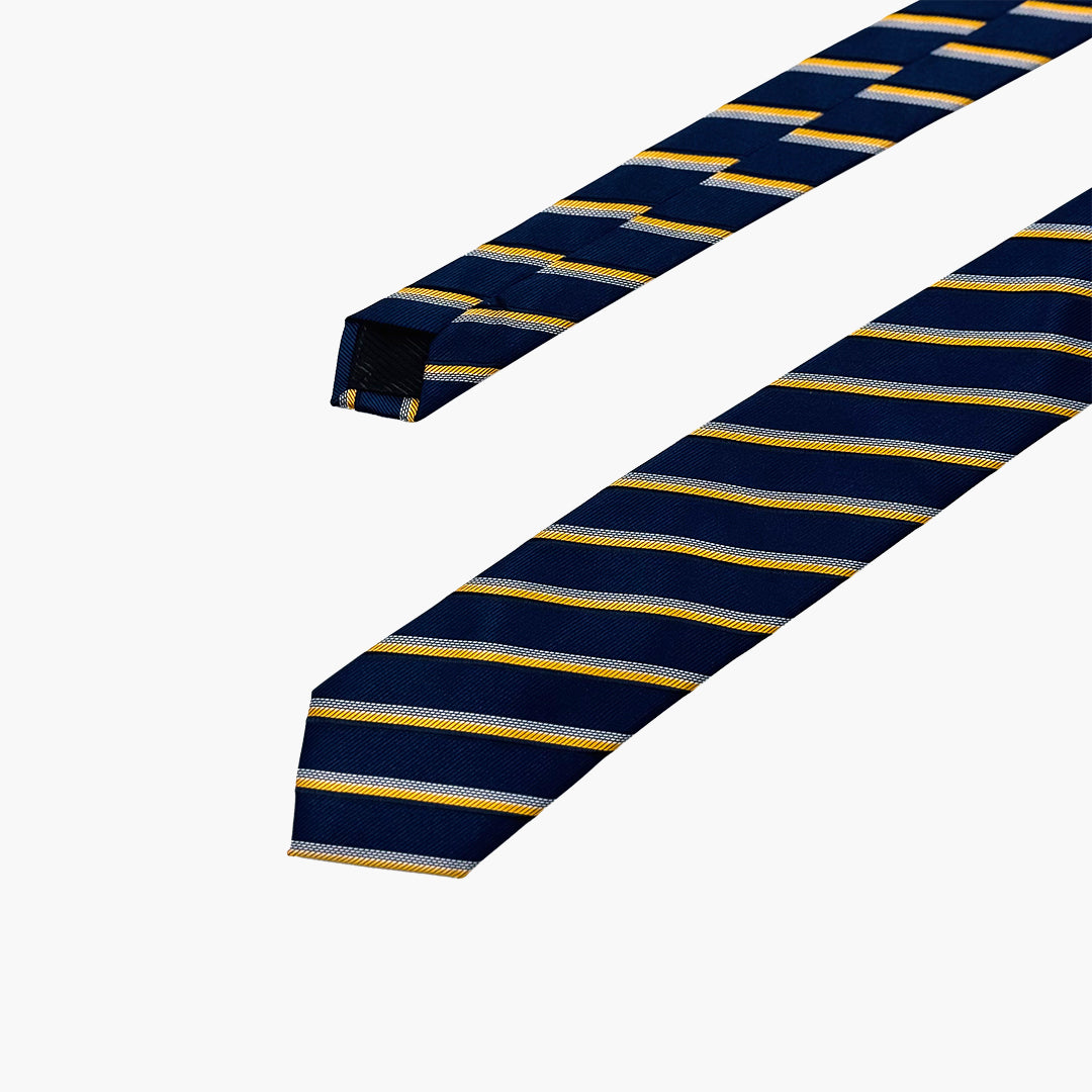 Blue Tie with Yellow, Black & Silver Stripes