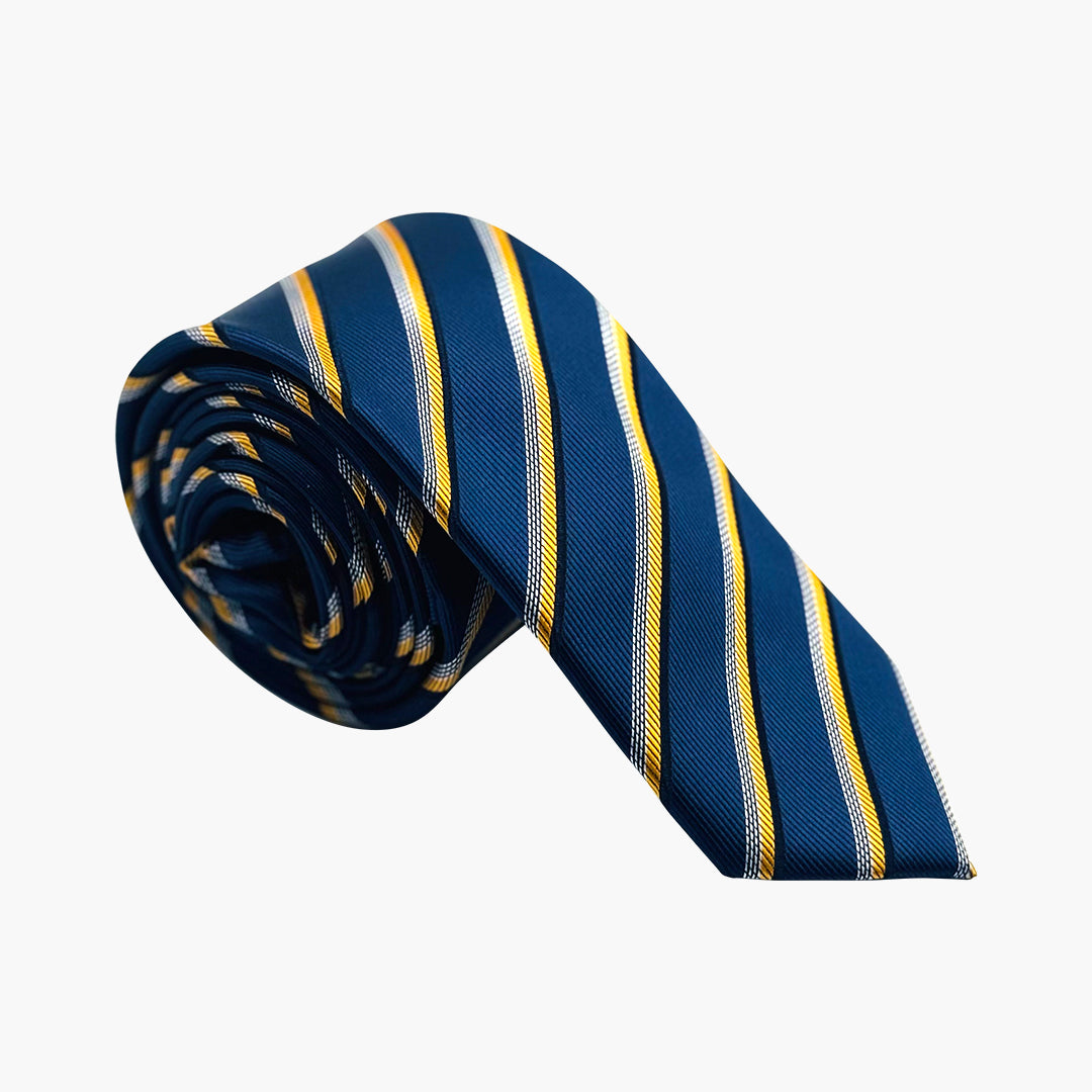 Blue Tie with Yellow, Black & Silver Stripes