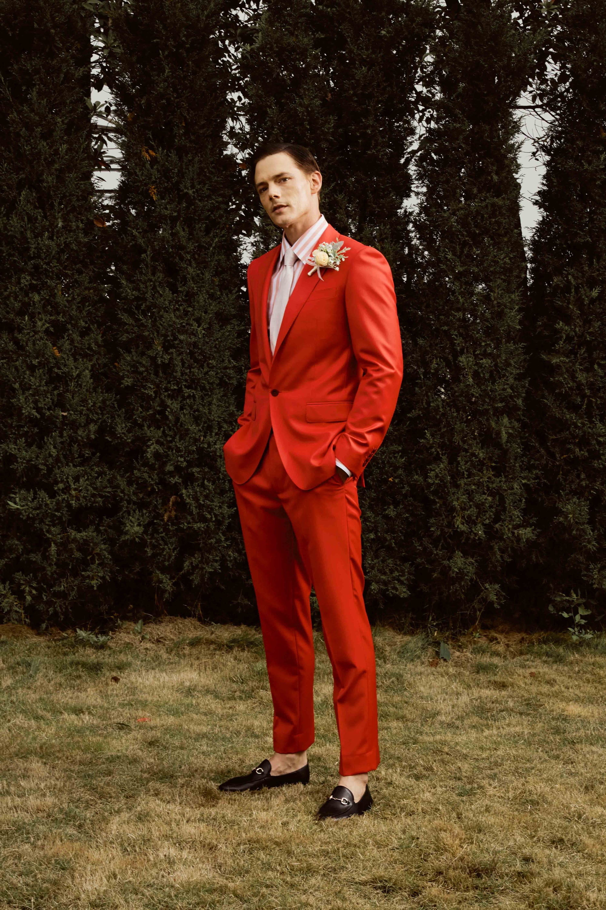 Red Suit set with white and red stripe shirt