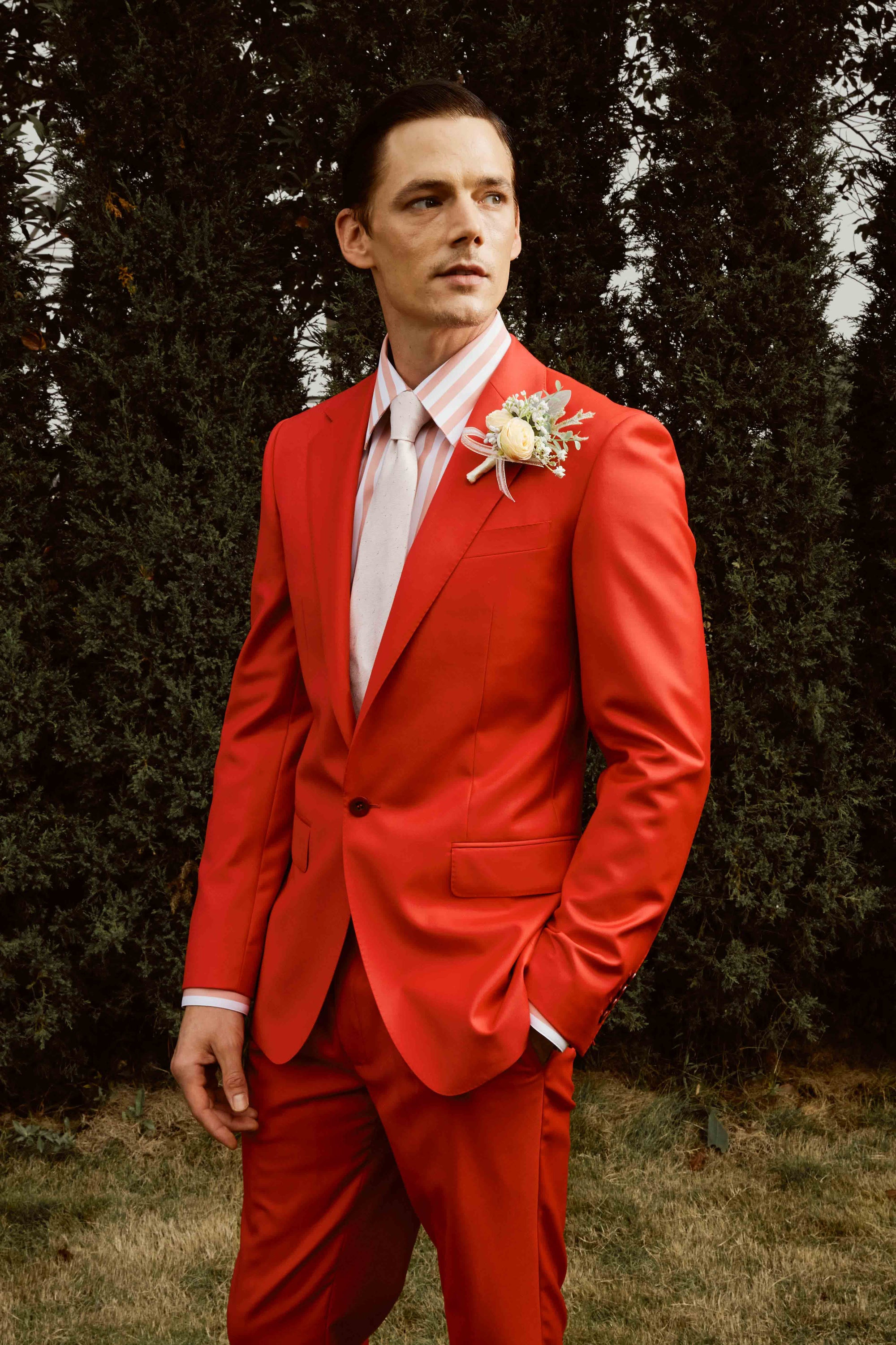 Red Suit set with white and red stripe shirt