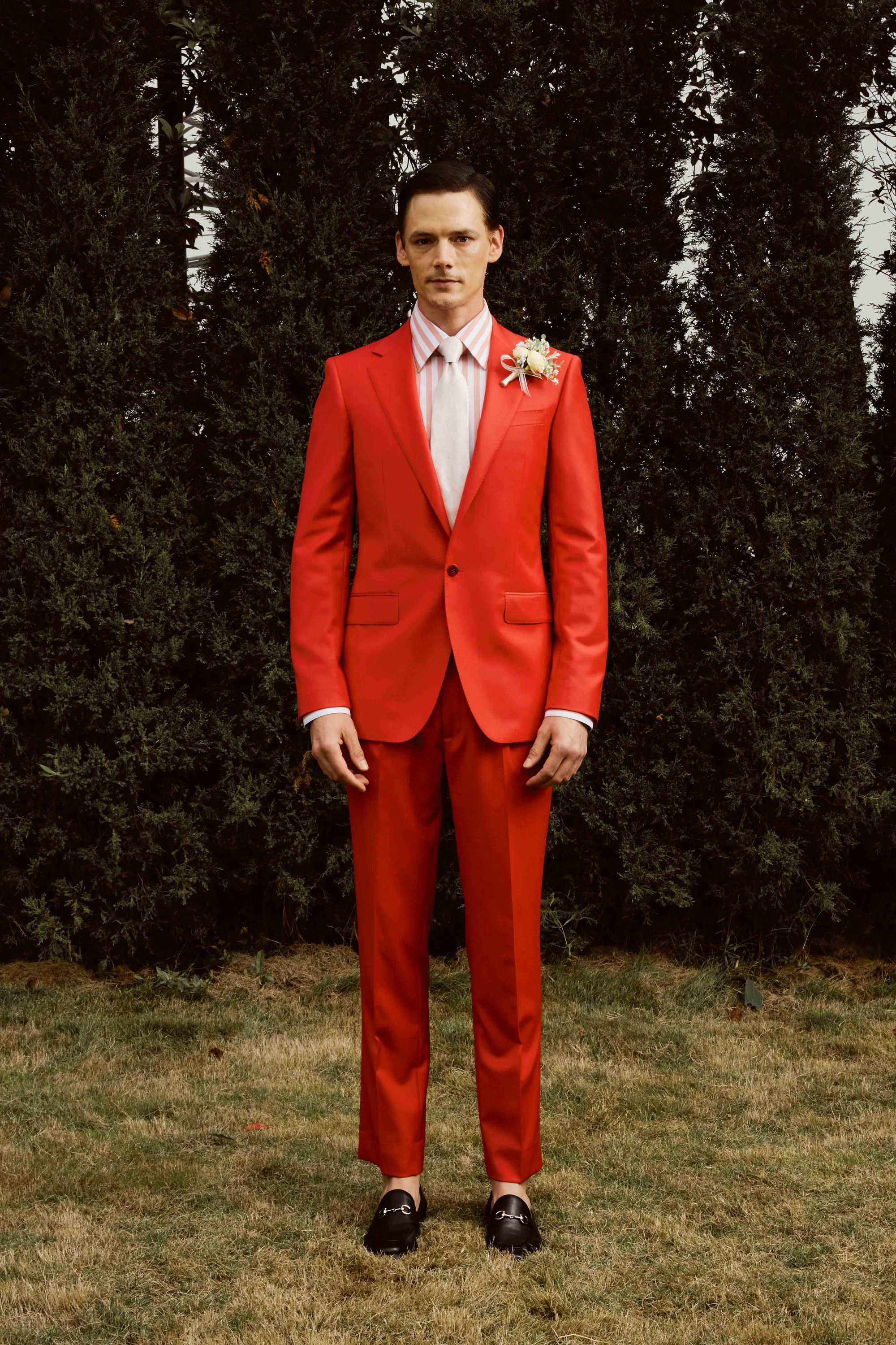 Red Suit set with white and red stripe shirt