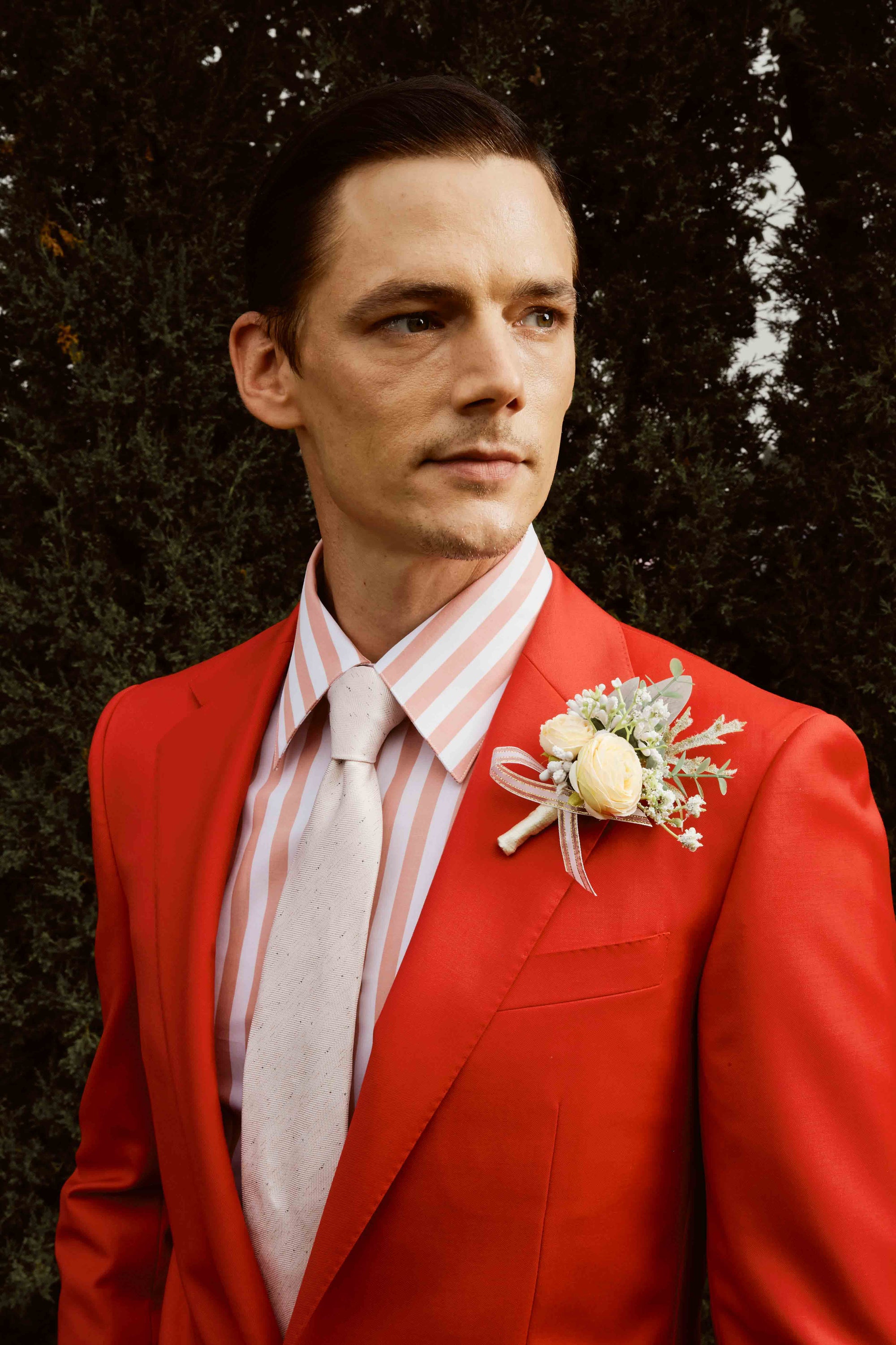 Red Suit set with white and red stripe shirt