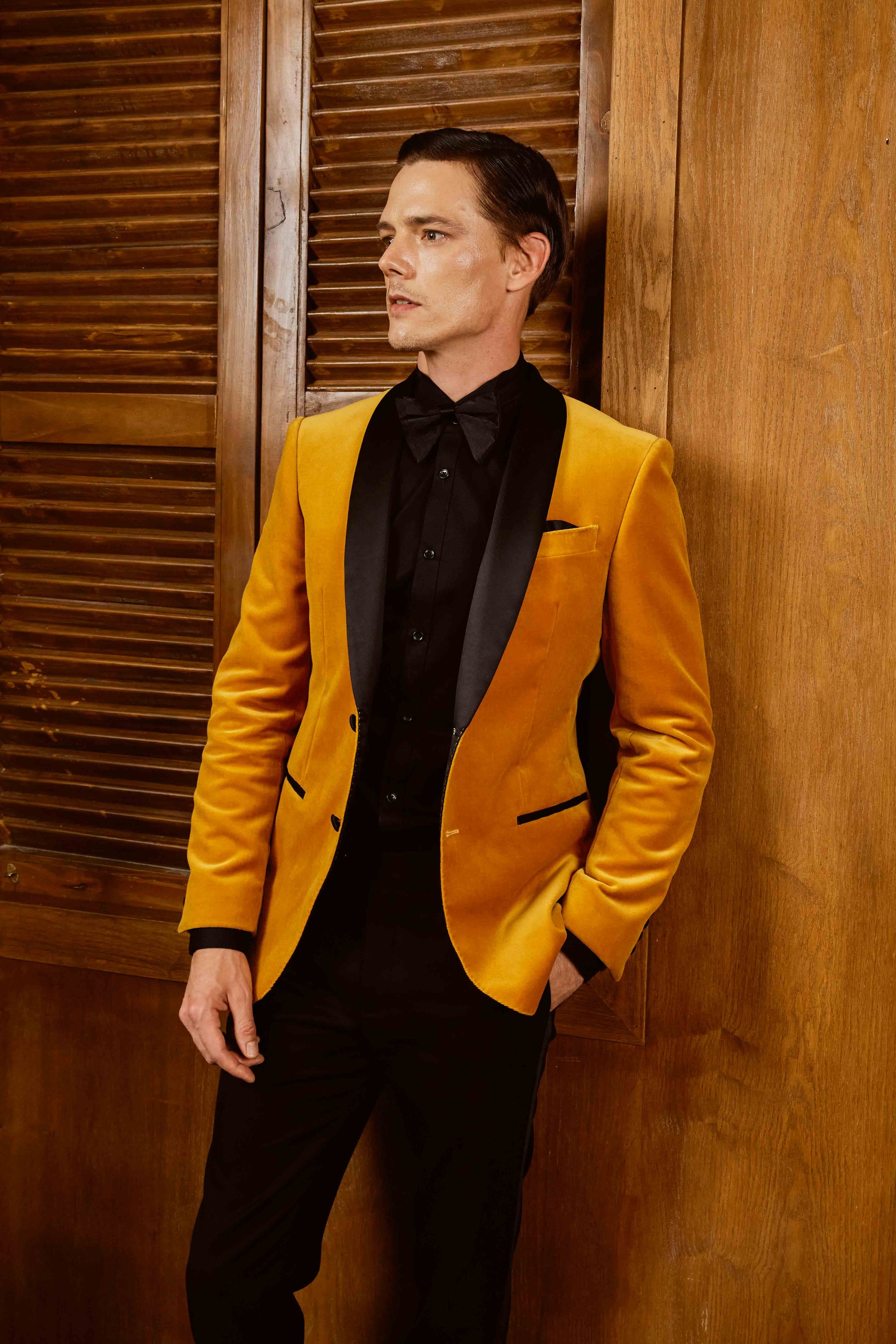 Mustard Yellow Suit Set with Highlighted Black Lapel