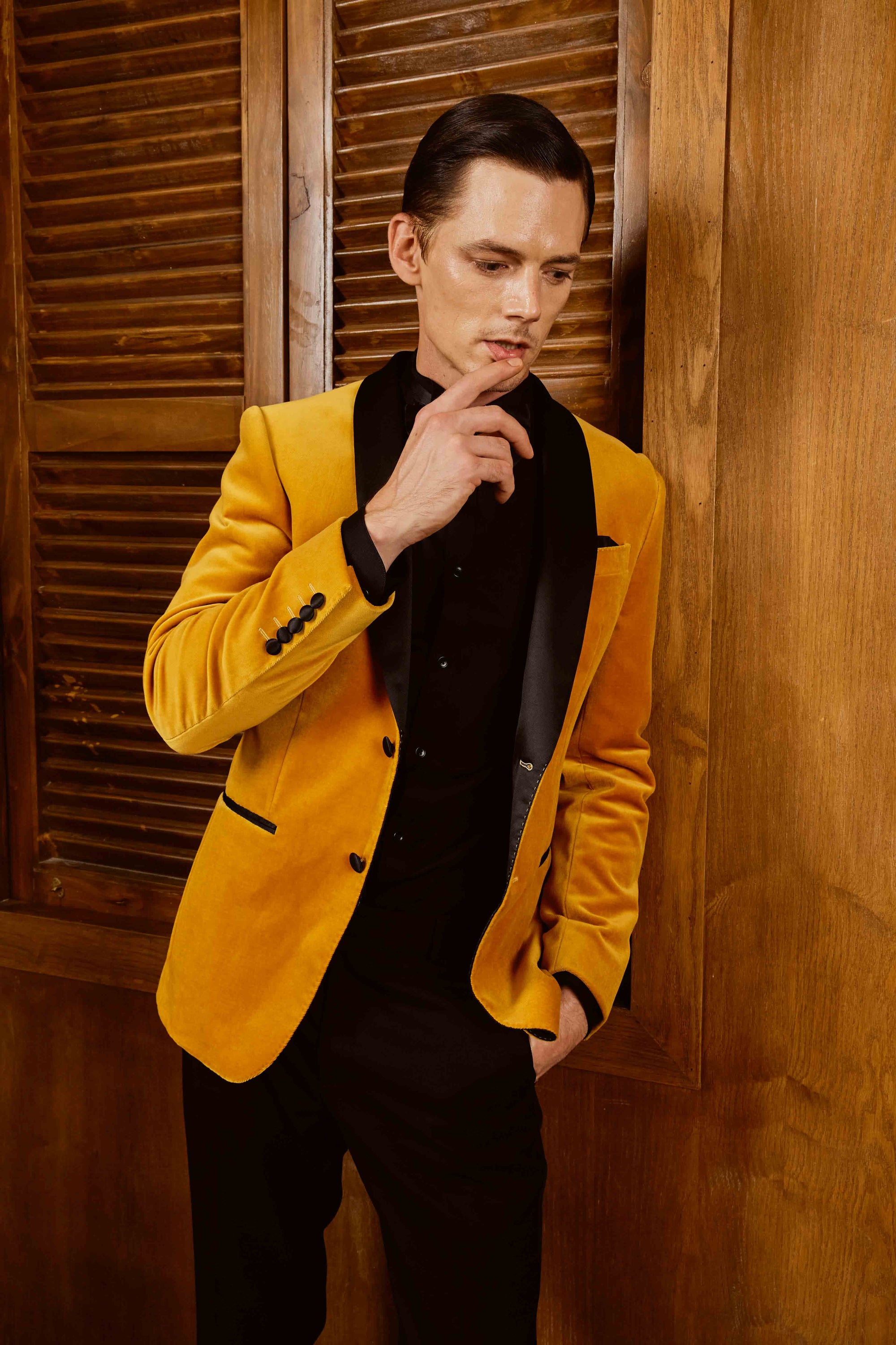 Mustard Yellow Suit Set with Highlighted Black Lapel