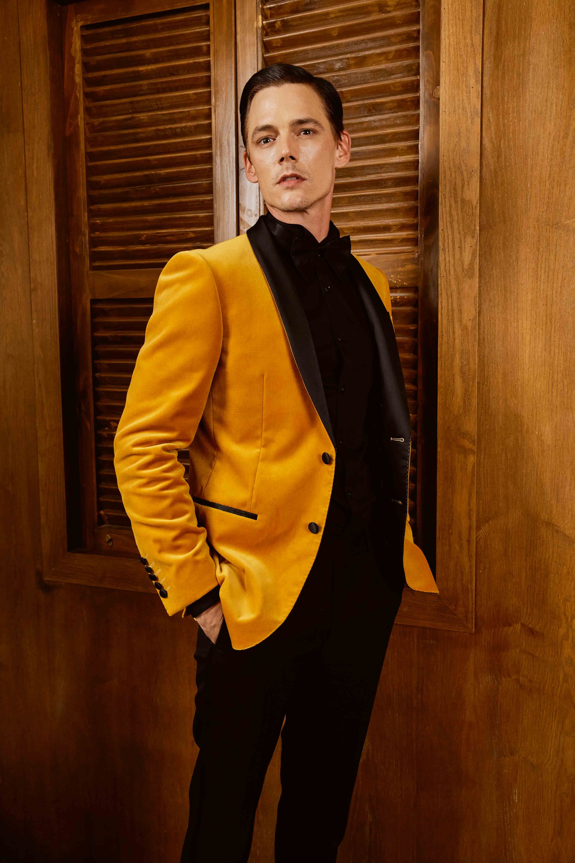 Mustard Yellow Suit Set with Highlighted Black Lapel