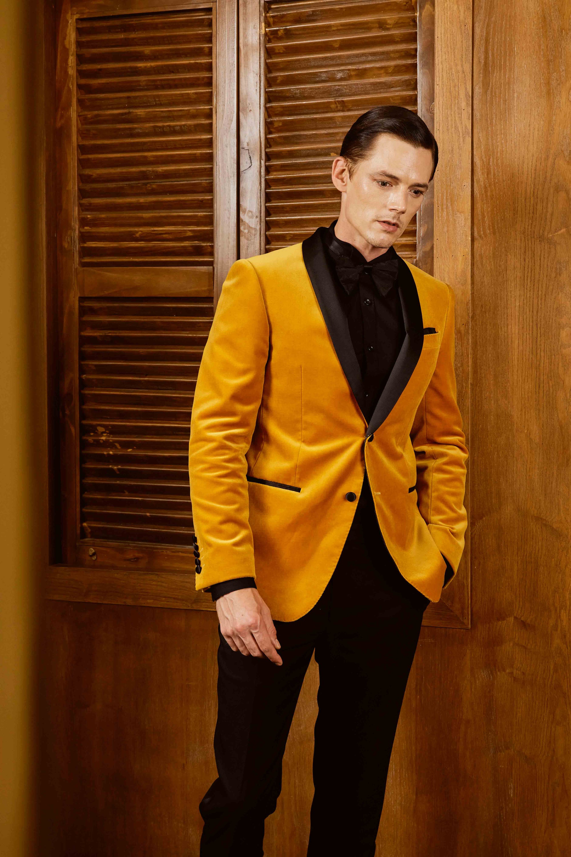 Mustard Yellow Suit Set with Highlighted Black Lapel