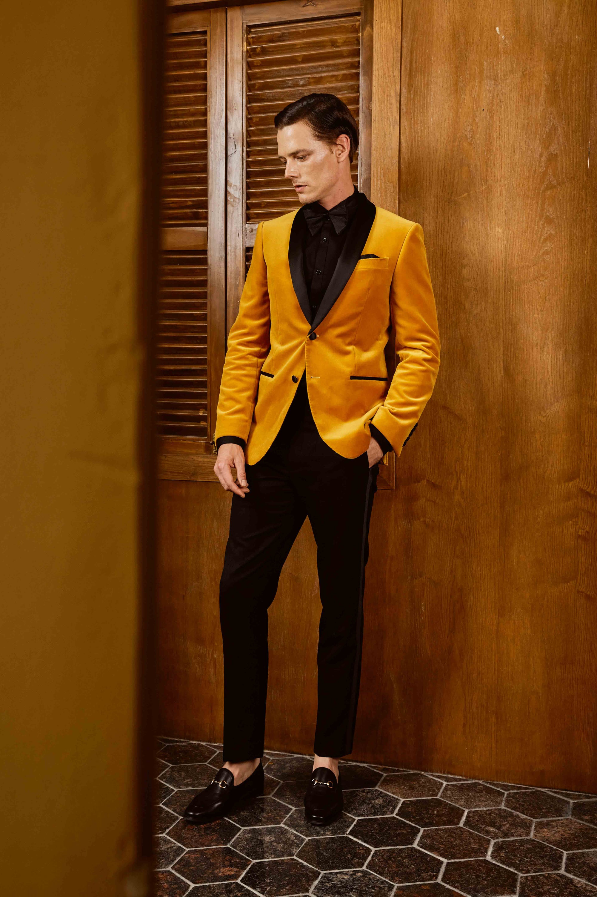 Mustard Yellow Suit Set with Highlighted Black Lapel