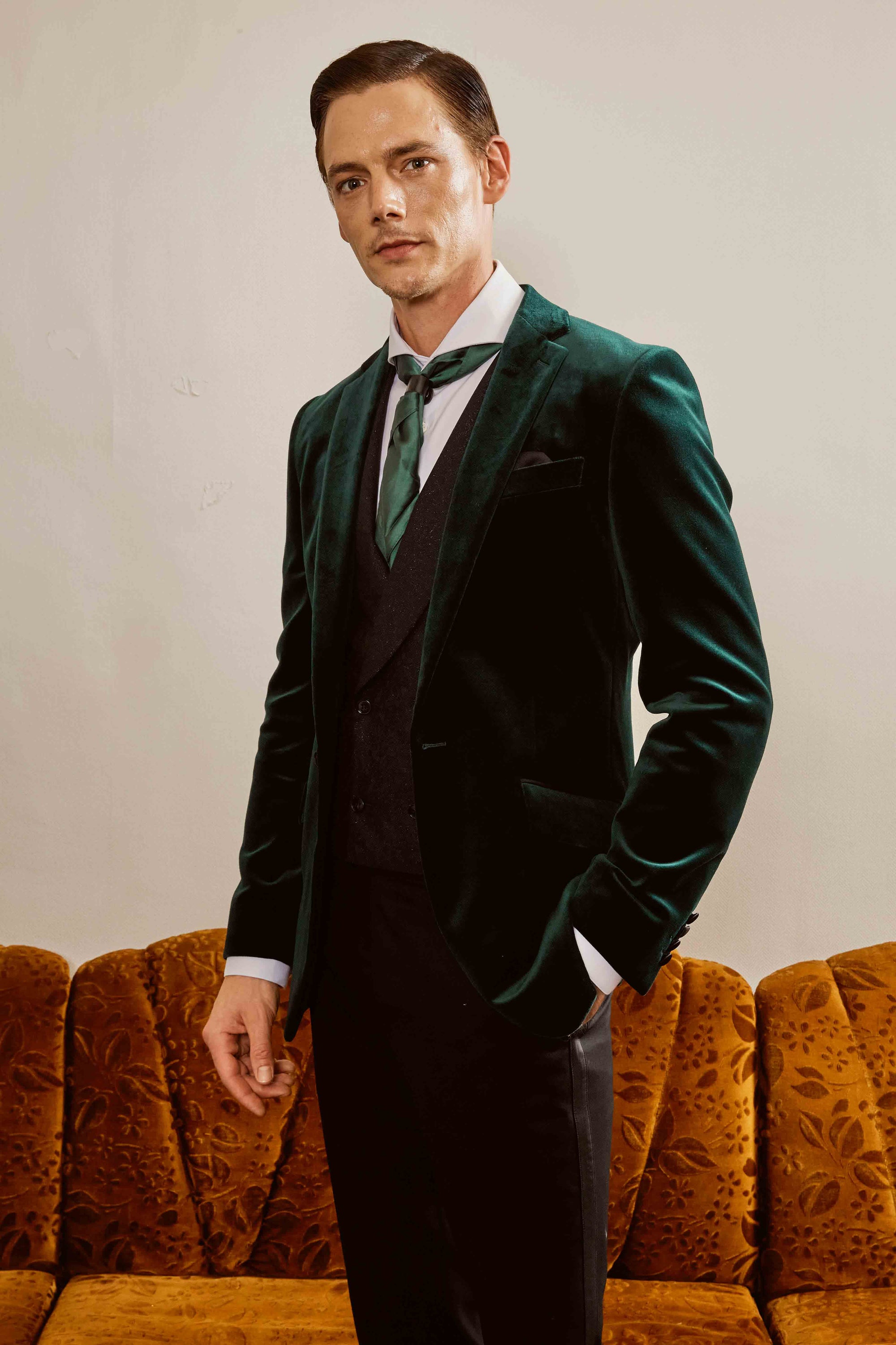 Green Cotton Suit Set with Glazing Vest