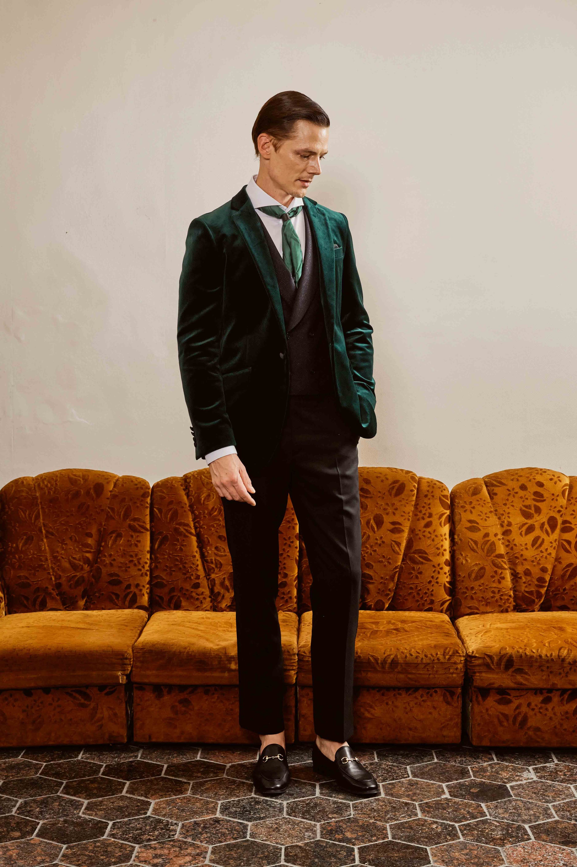 Green Cotton Suit Set with Glazing Vest