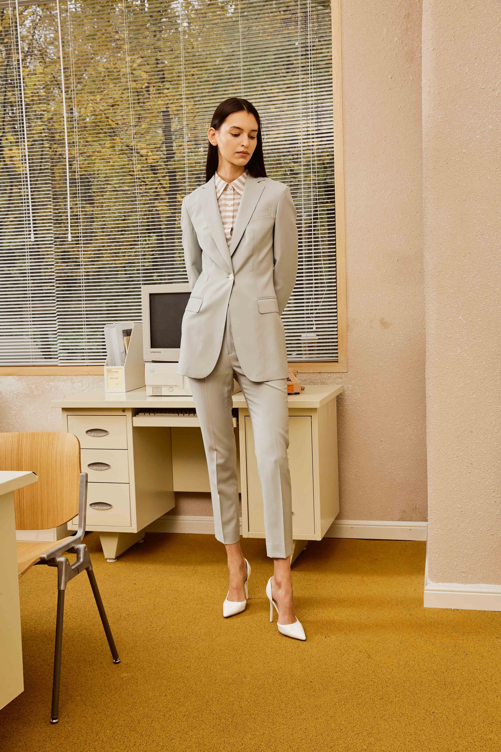 Seafoam Green Suit and Pants with White and Light Brown Stripes for Women
