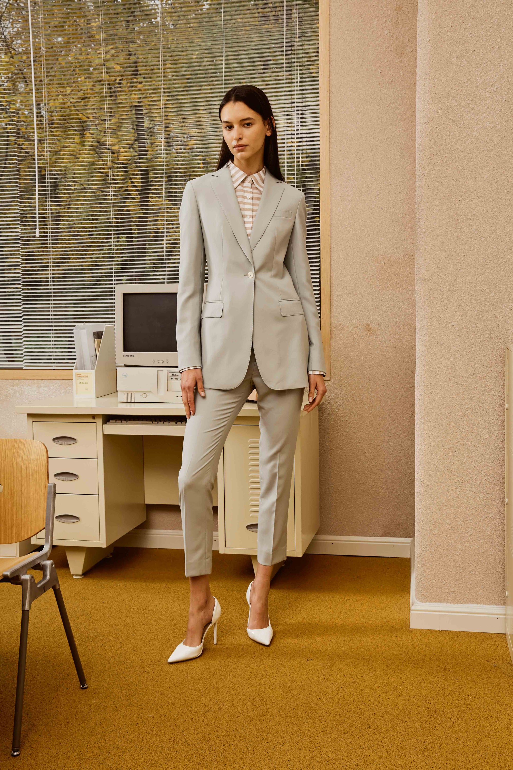 Seafoam Green Suit and Pants with White and Light Brown Stripes for Women