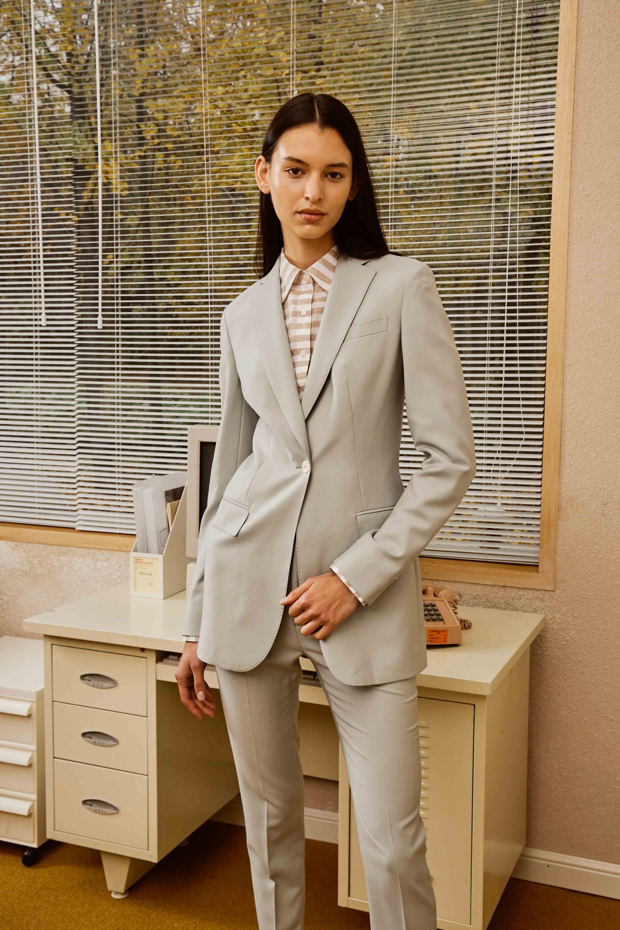 Seafoam Green Suit and Pants with White and Light Brown Stripes for Women