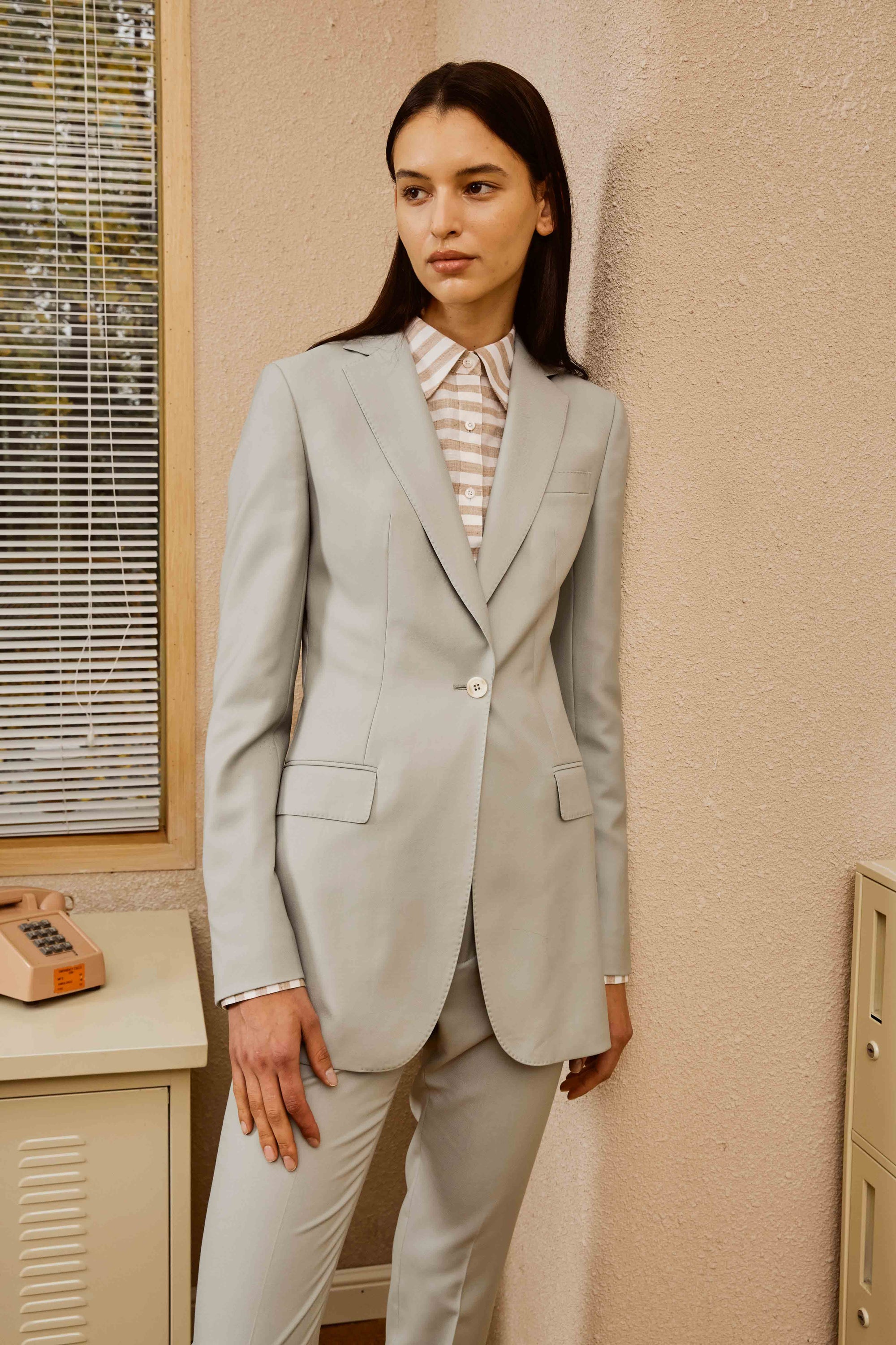 Seafoam Green Suit and Pants with White and Light Brown Stripes for Women