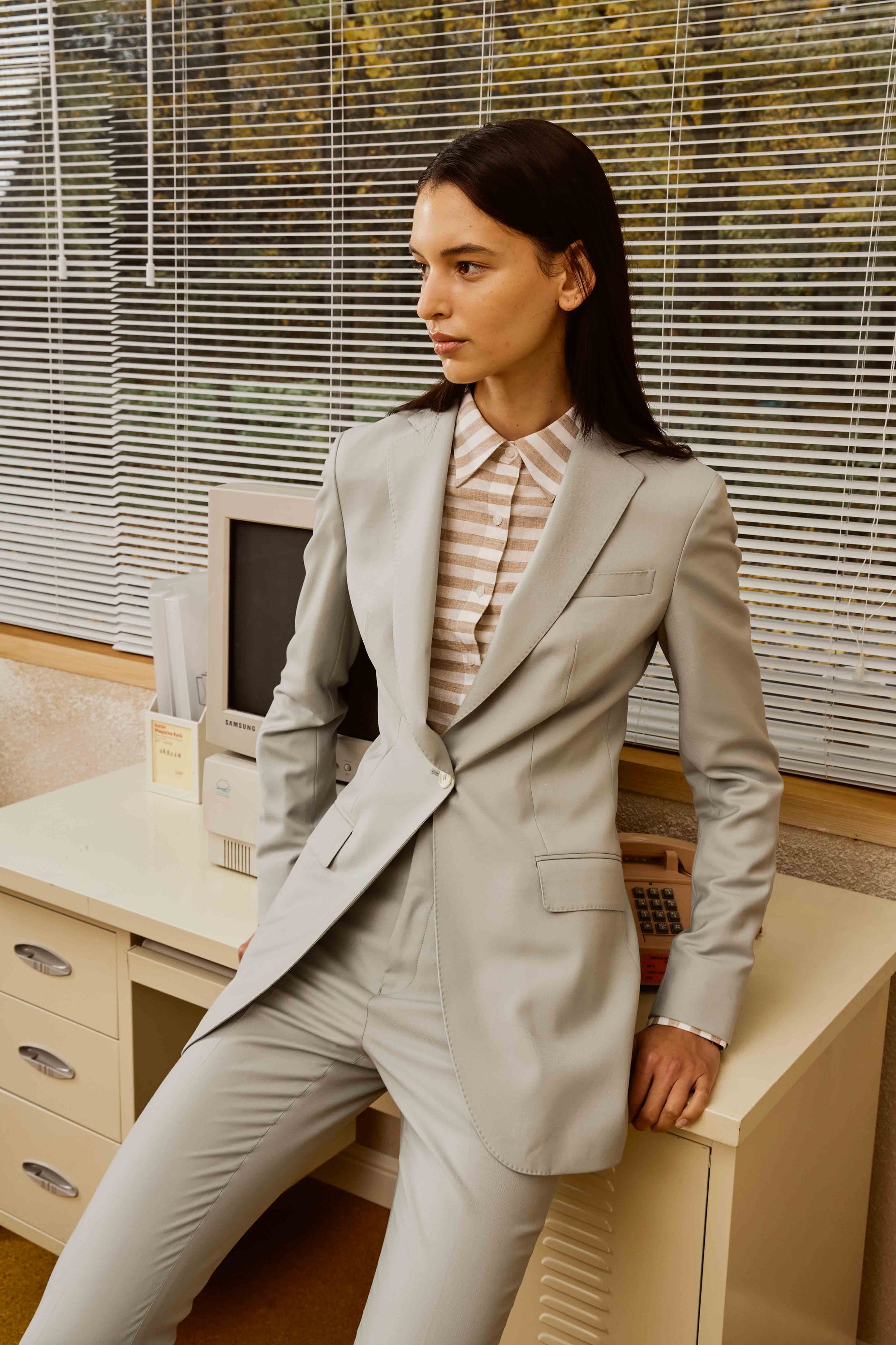 Seafoam Green Suit and Pants with White and Light Brown Stripes for Women