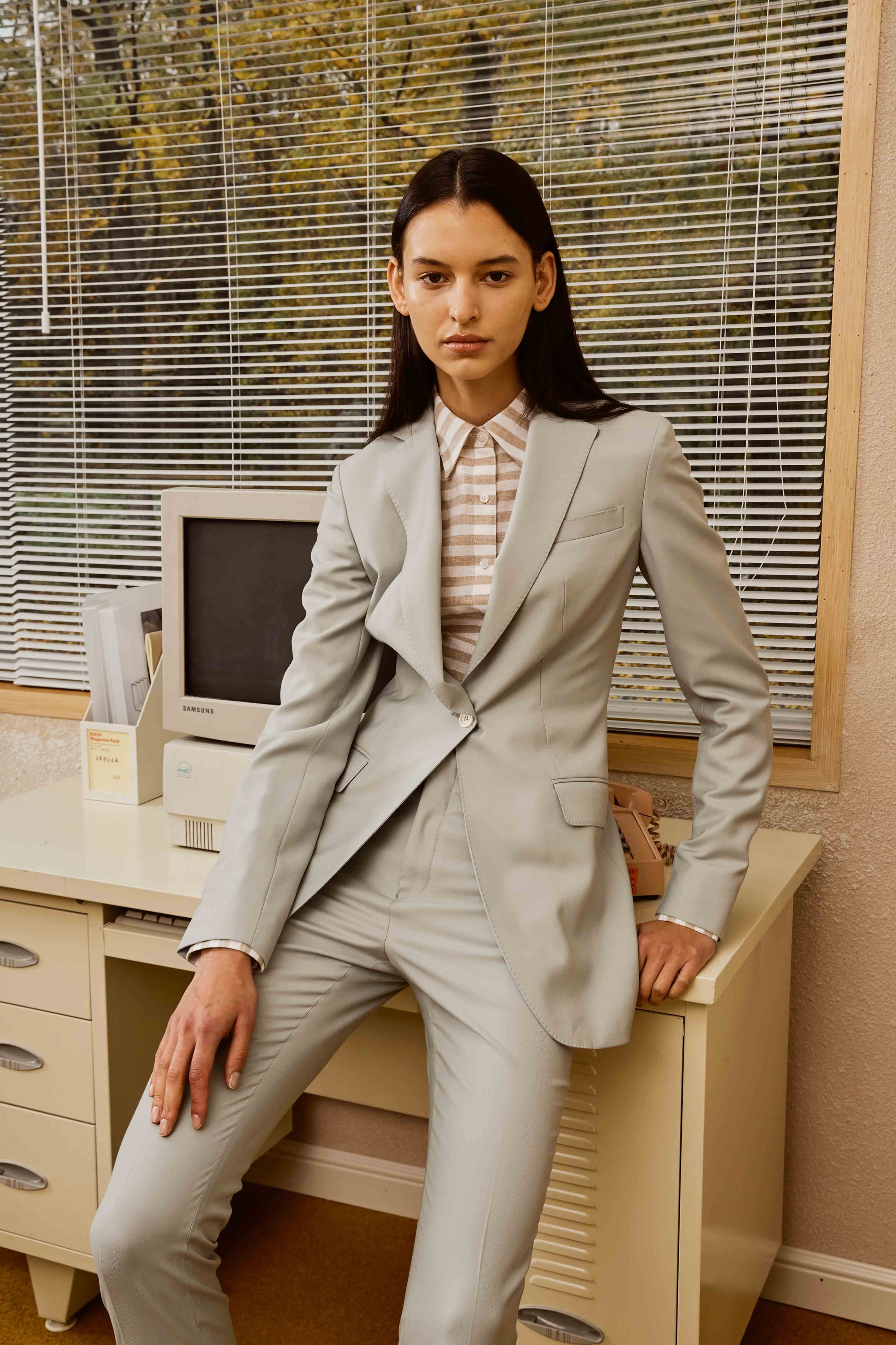 Seafoam Green Suit and Pants with White and Light Brown Stripes for Women