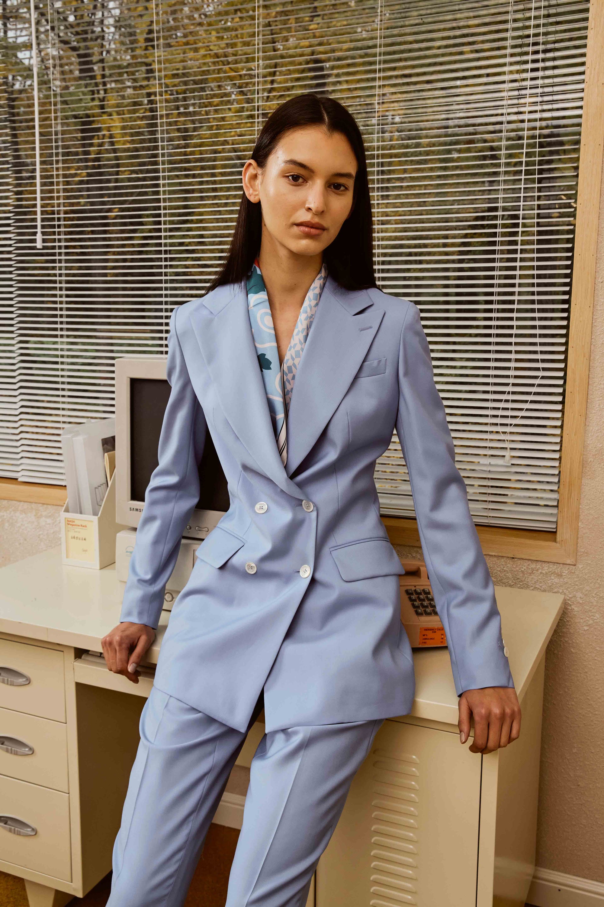 Wool Double-Breasted Suit Set with Pants and Customized Fancy Scarf for Women