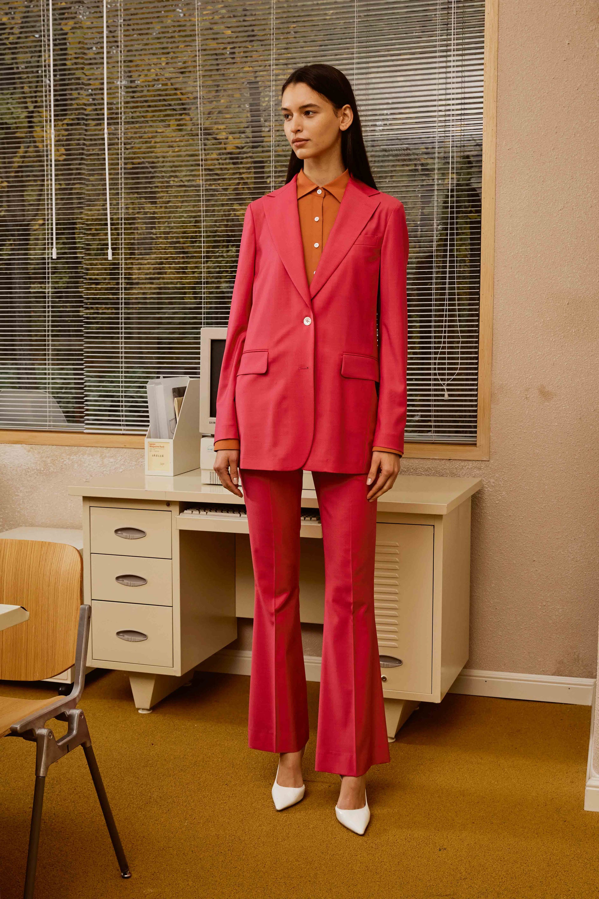 Fuchsia Pink Suit Set withTiger Orange Polyester Shirt for Women