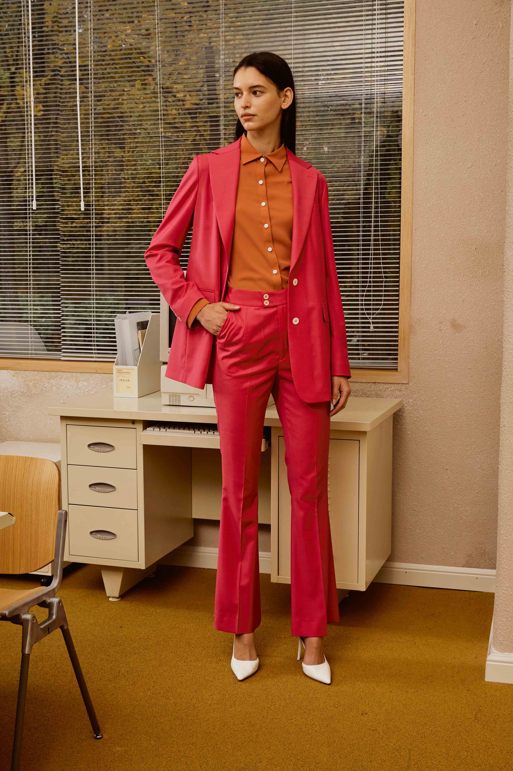 Fuchsia Pink Suit Set withTiger Orange Polyester Shirt for Women