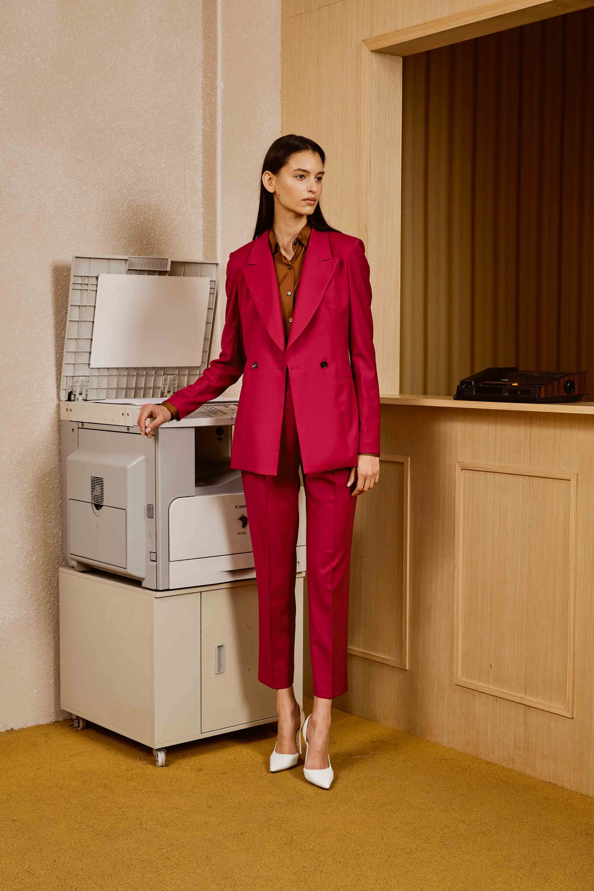 Magenta Suit Set with Dark Golden Brown Shirt for Women