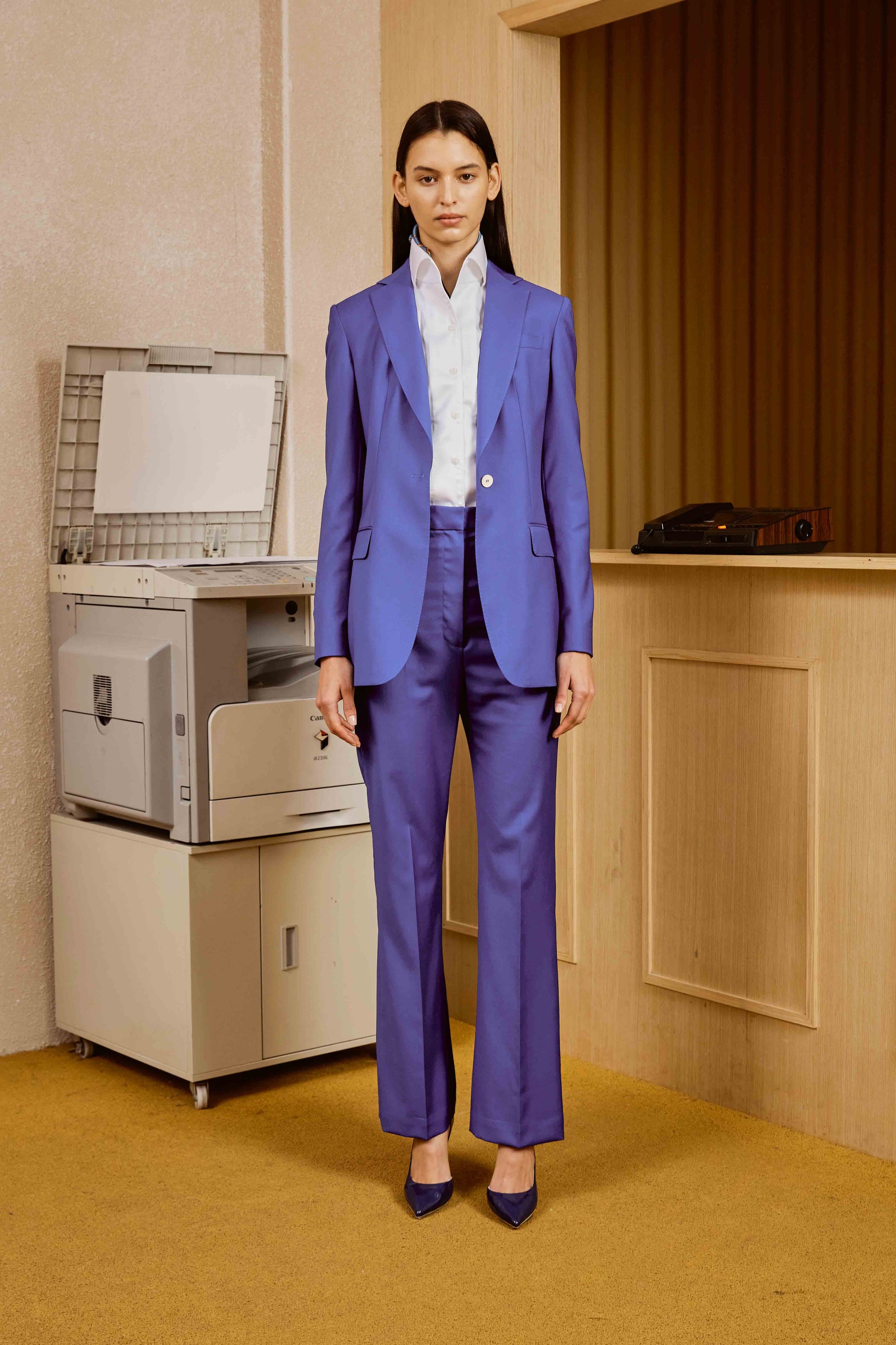 Ultramarine Blue Suit Set with Cotton Shirt and Customized Scarf for Women