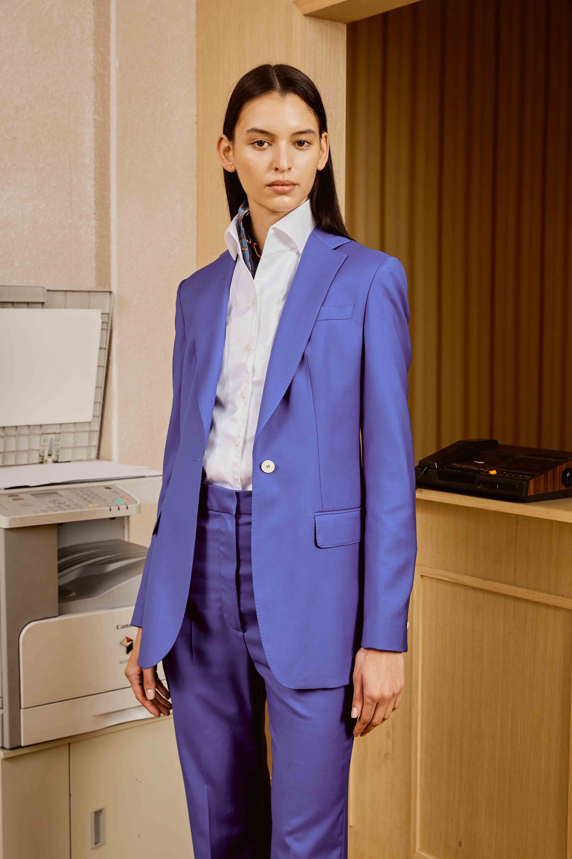 Ultramarine Blue Suit Set with Cotton Shirt and Customized Scarf for Women