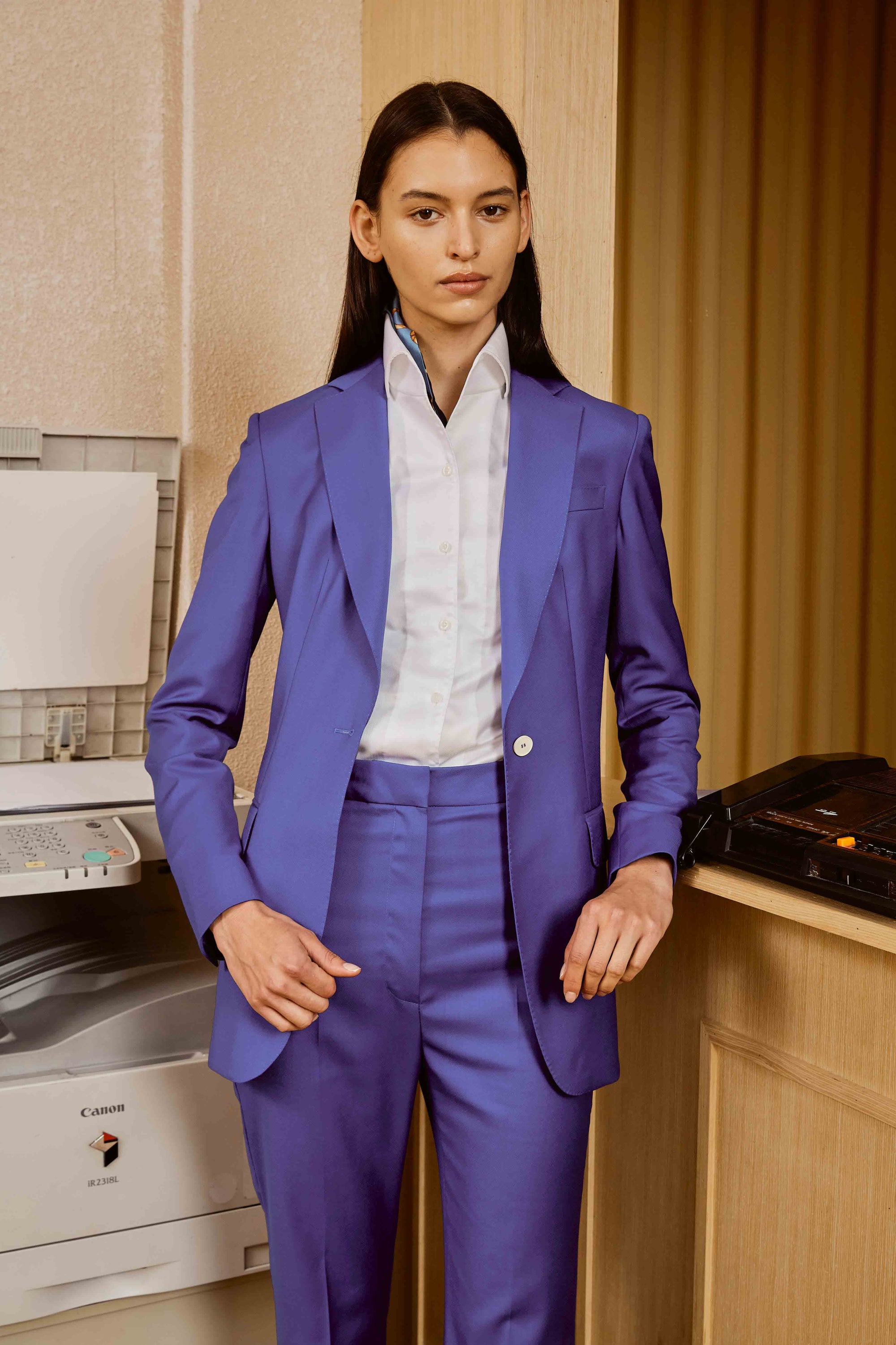 Ultramarine Blue Suit Set with Cotton Shirt and Customized Scarf for Women