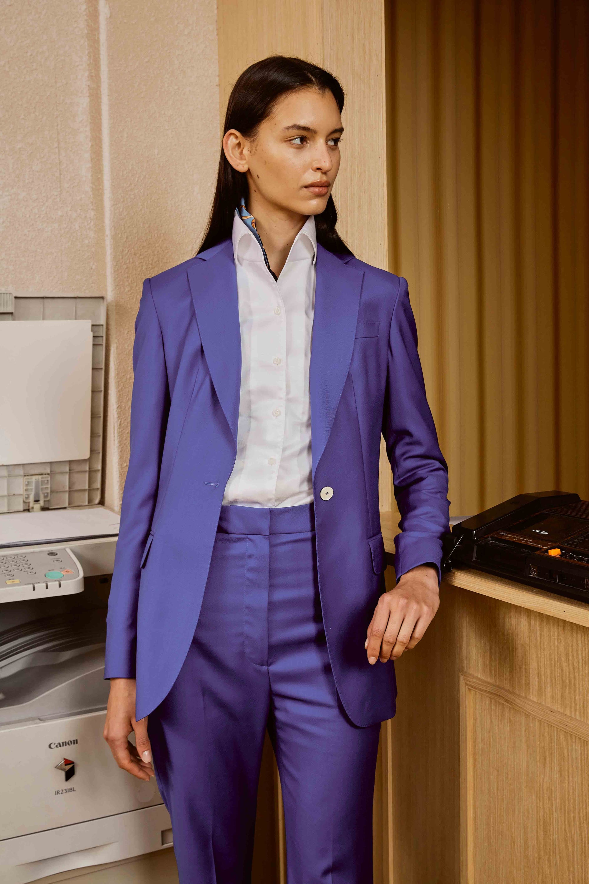 Ultramarine Blue Suit Set with Cotton Shirt and Customized Scarf for Women