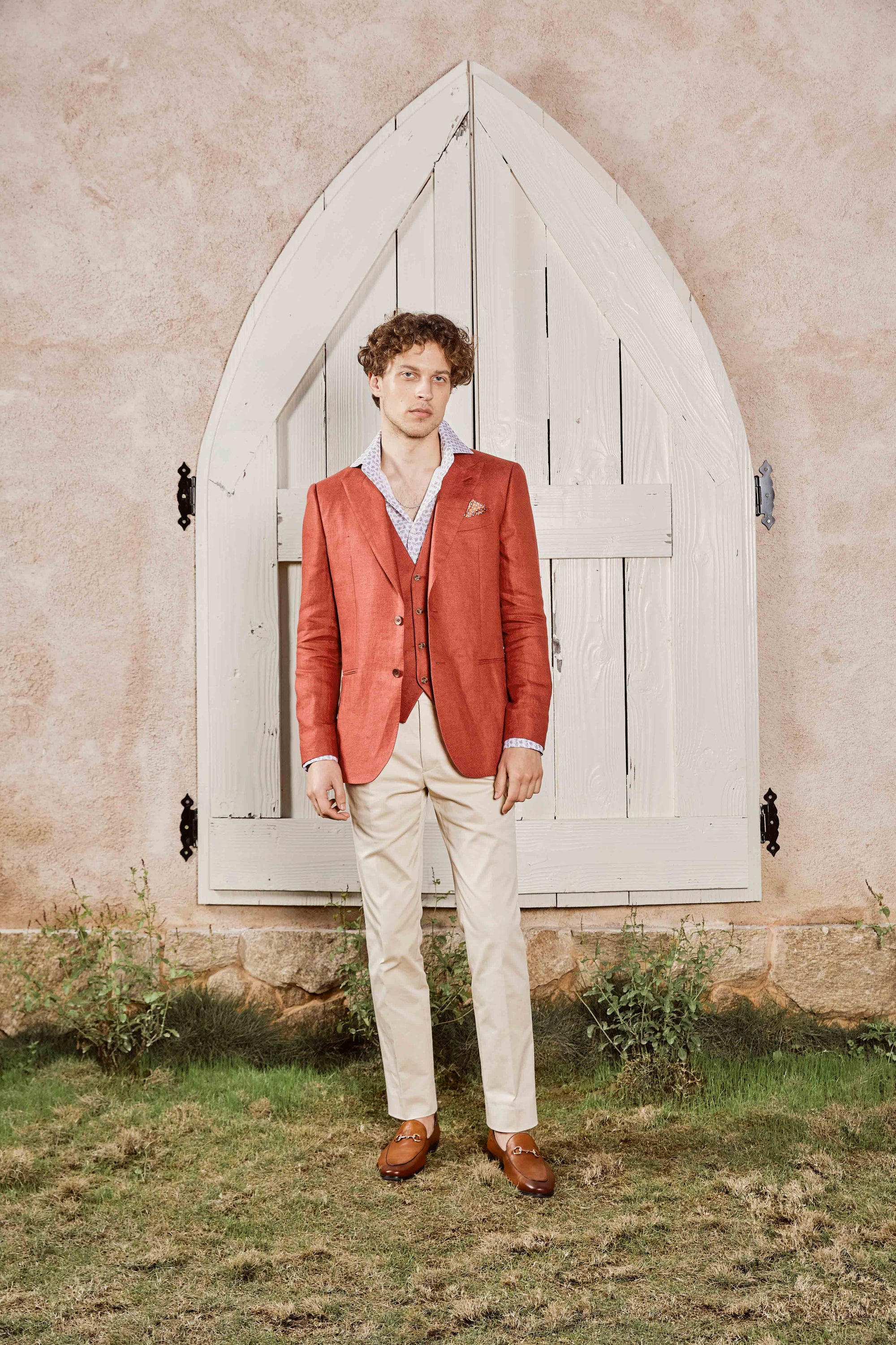 Red Brown Linen Suit and Vest