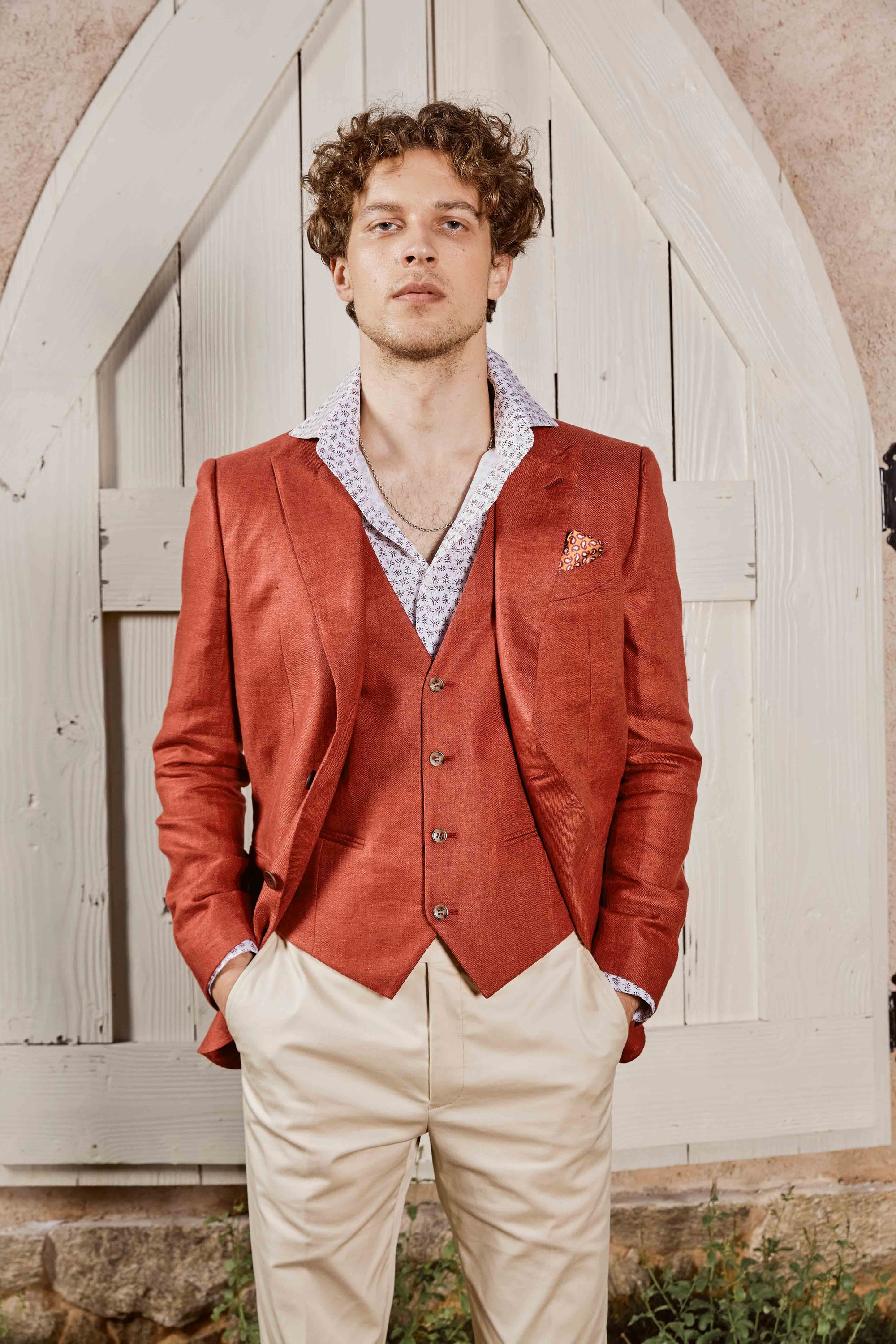 Red Brown Linen Suit and Vest