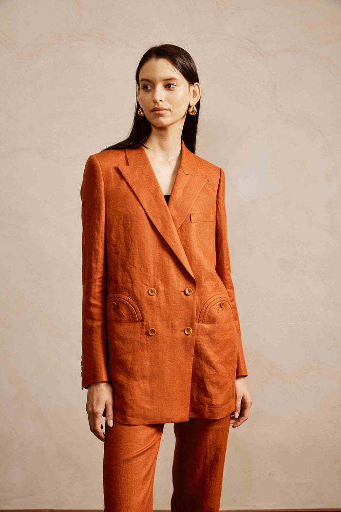 Ginger Orange Suit Set with Peak Lapel and Pants for Women