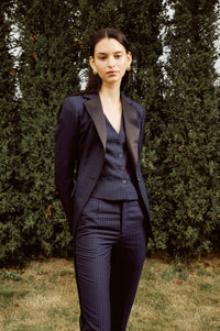 Black and Blue Textile Designed Suit Set with Vest for Women