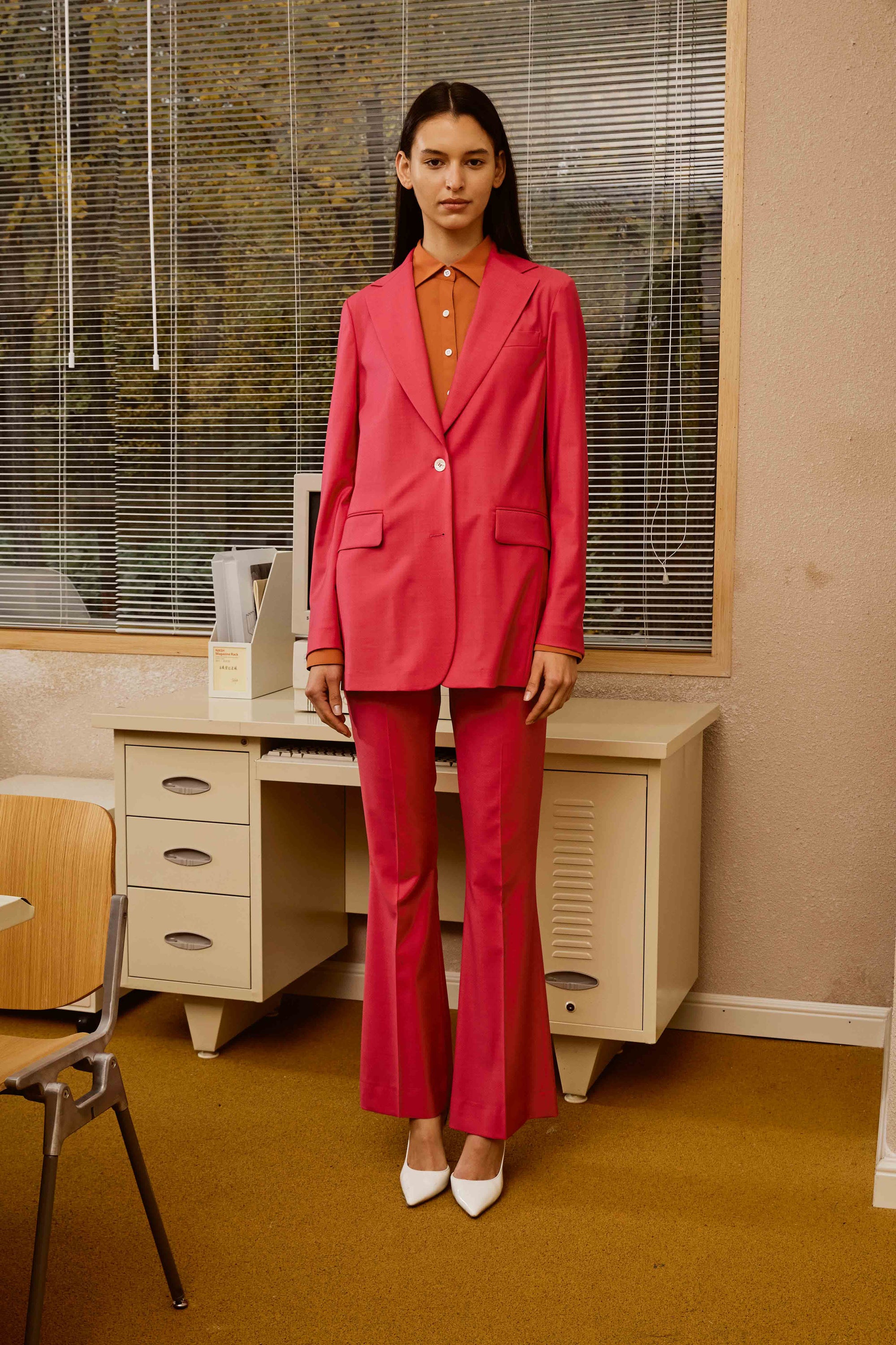 Fuchsia Pink Suit Set with Tiger Orange Polyester Shirt for Women