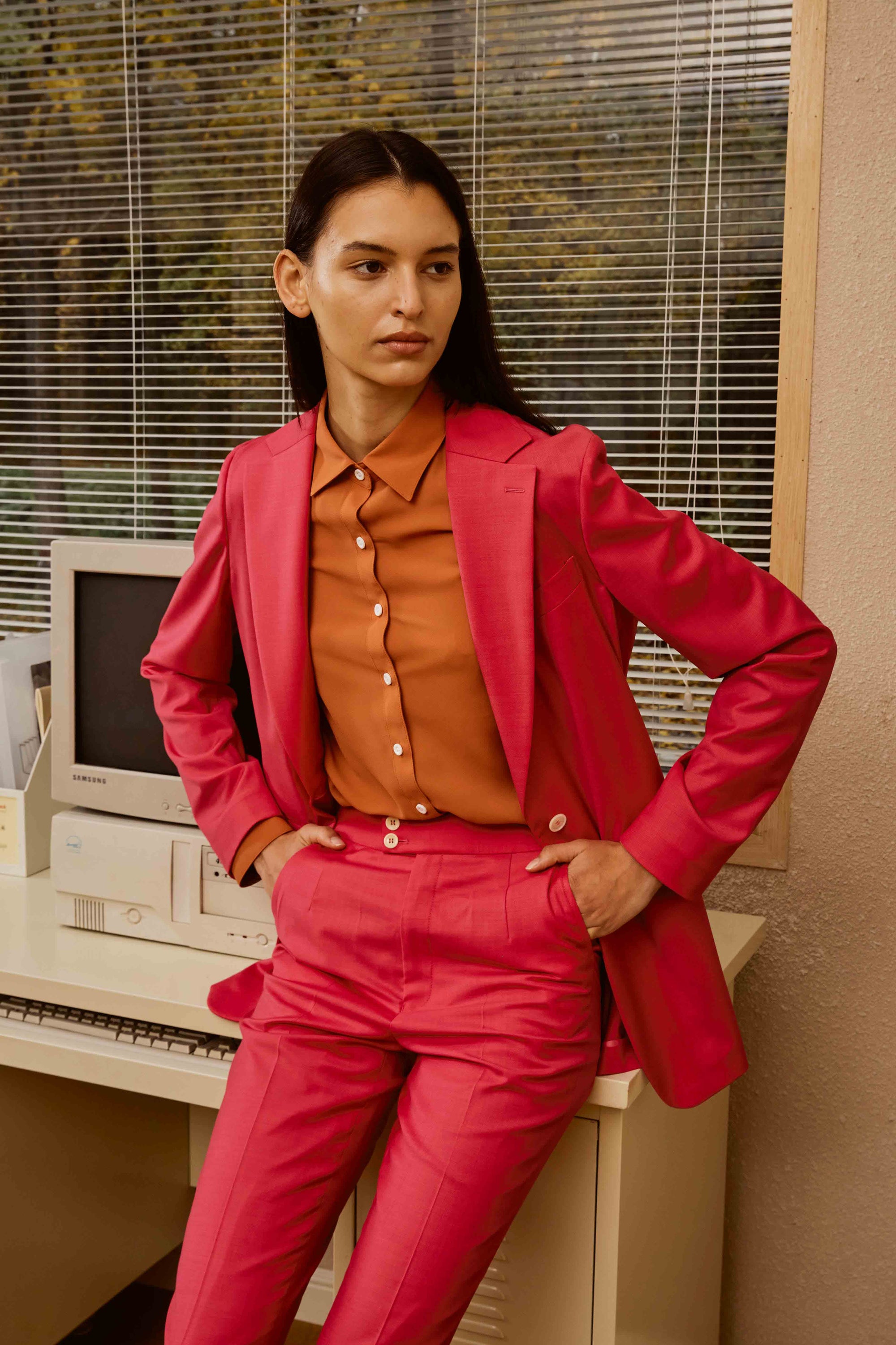 Fuchsia Pink Suit Set with Tiger Orange Polyester Shirt for Women