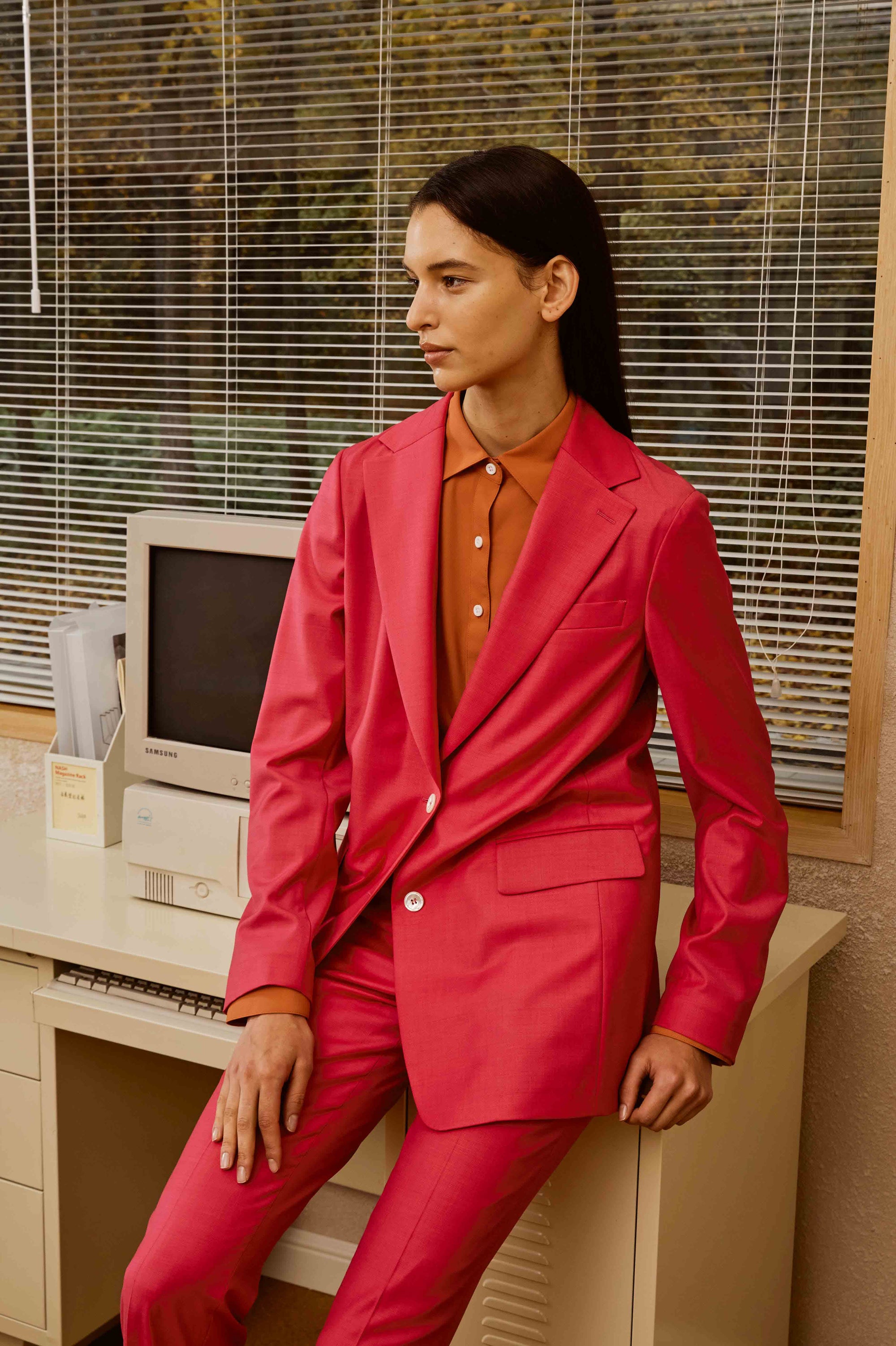 Fuchsia Pink Suit Set with Tiger Orange Polyester Shirt for Women