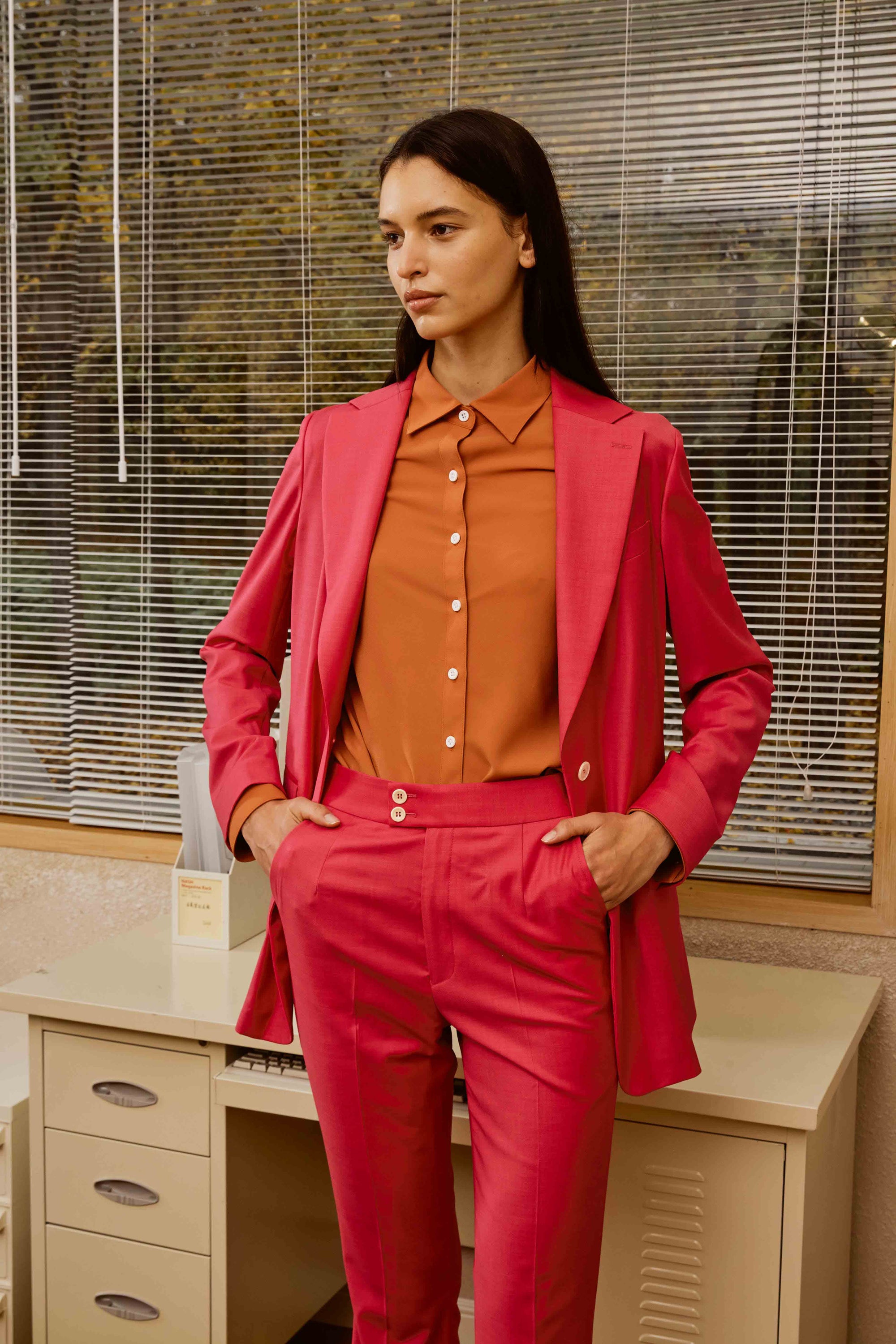 Fuchsia Pink Suit Set with Tiger Orange Polyester Shirt for Women