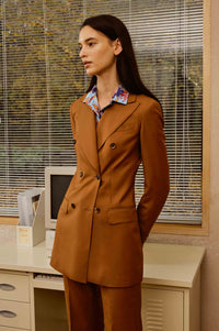 Golden Brown Double-Breasted Suit Set with Customized Printed Shirt