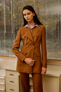 Golden Brown Double-Breasted Suit Set with Customized Printed Shirt