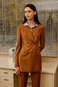 Golden Brown Double-Breasted Suit Set with Customized Printed Shirt