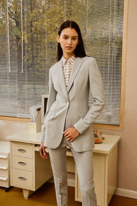 Seafoam Green Suit and Pants with White and Light Brown Stripes for Women